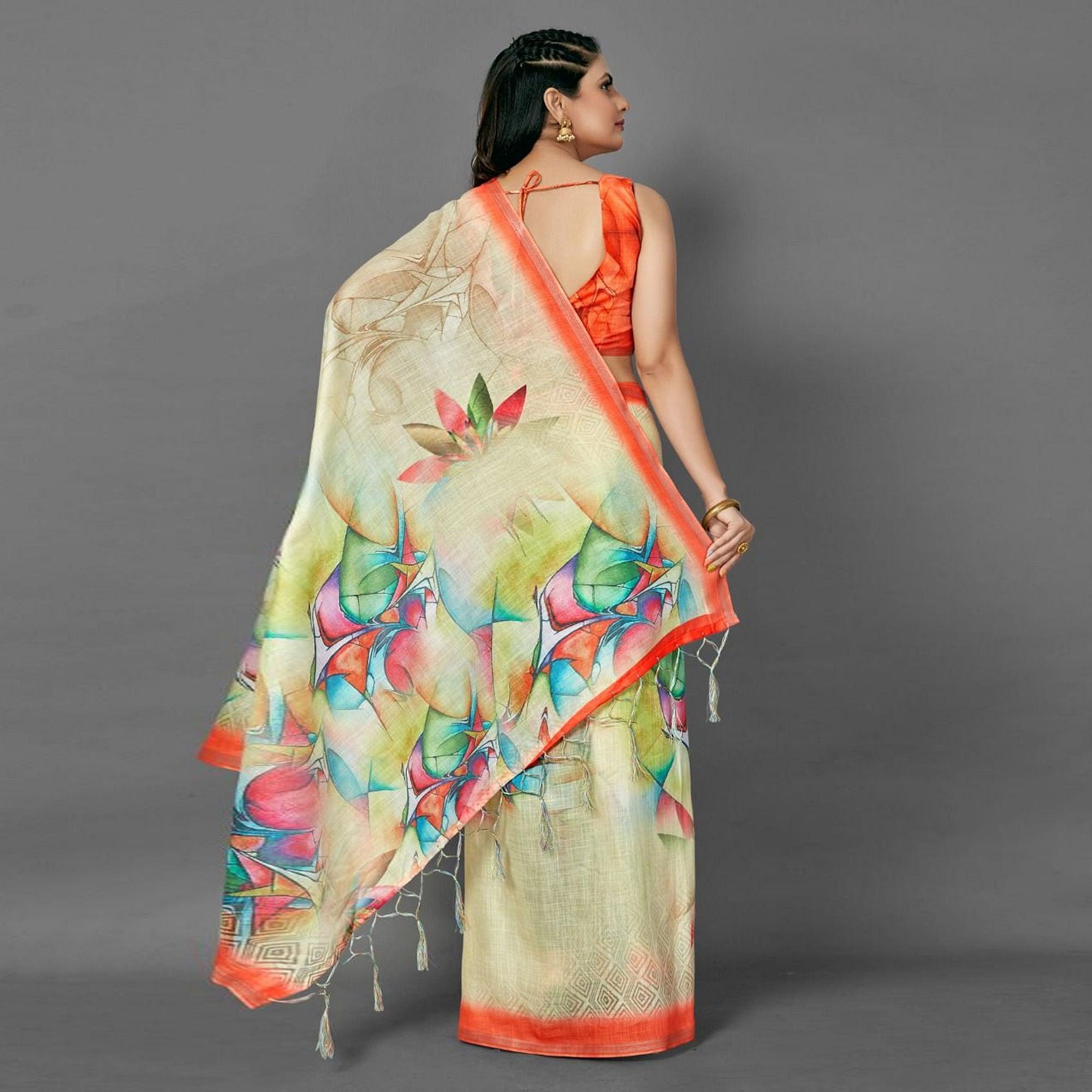 Cream Casual Pure Linen Digital Print Saree With Unstitched Blouse - Peachmode