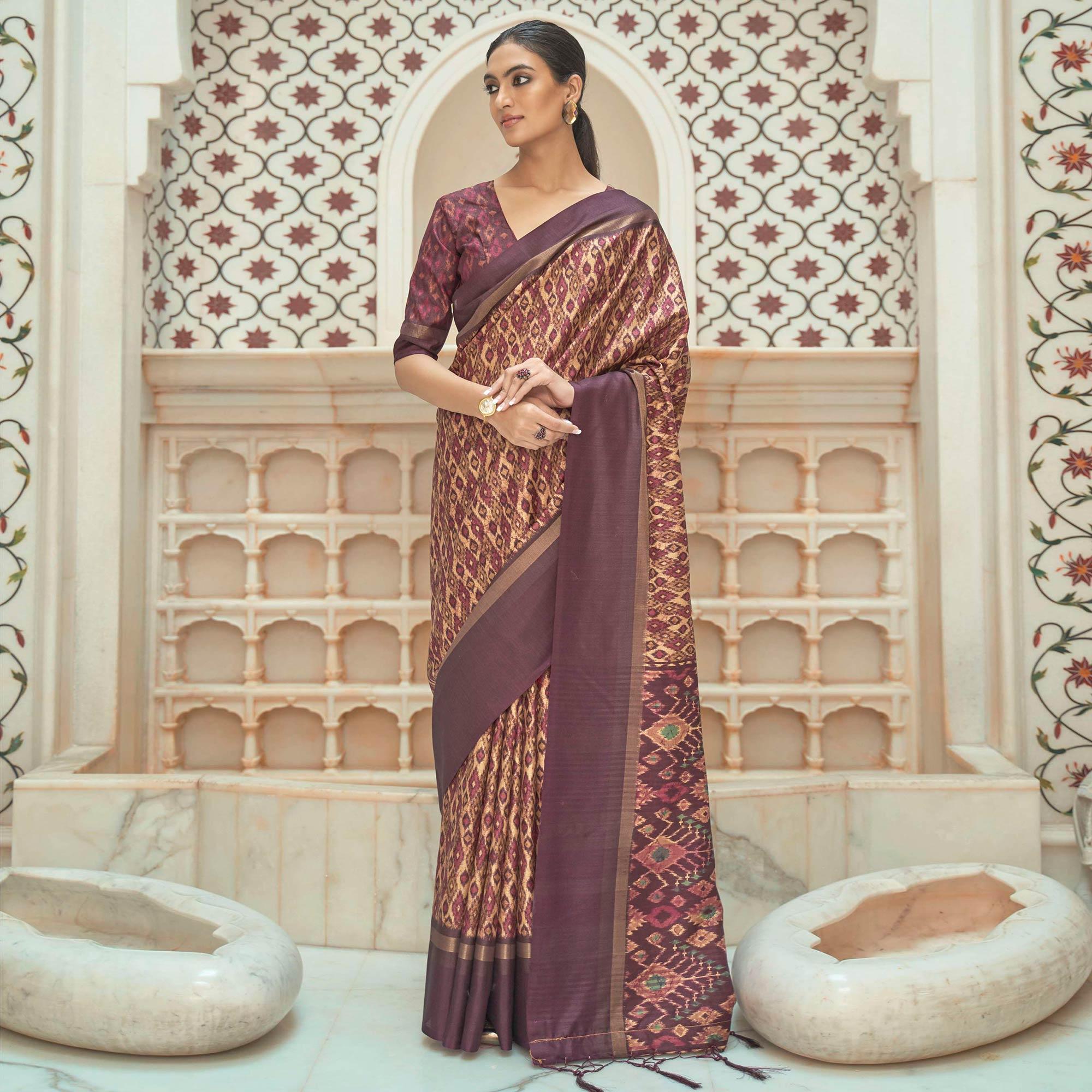 Cream Casual Wear Digital Printed Assam Silk Saree - Peachmode