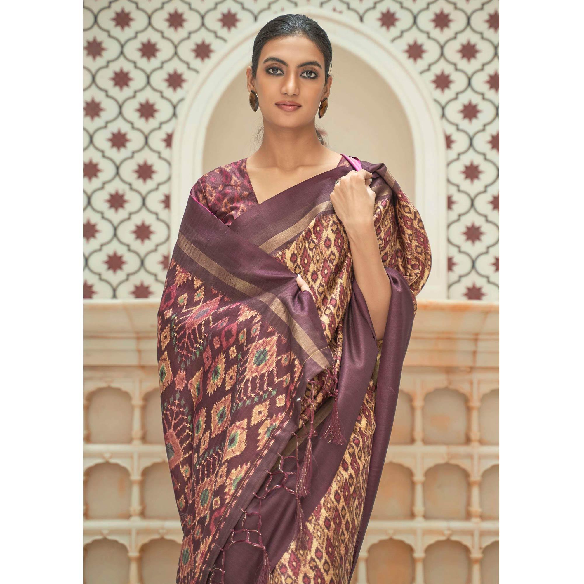 Cream Casual Wear Digital Printed Assam Silk Saree - Peachmode