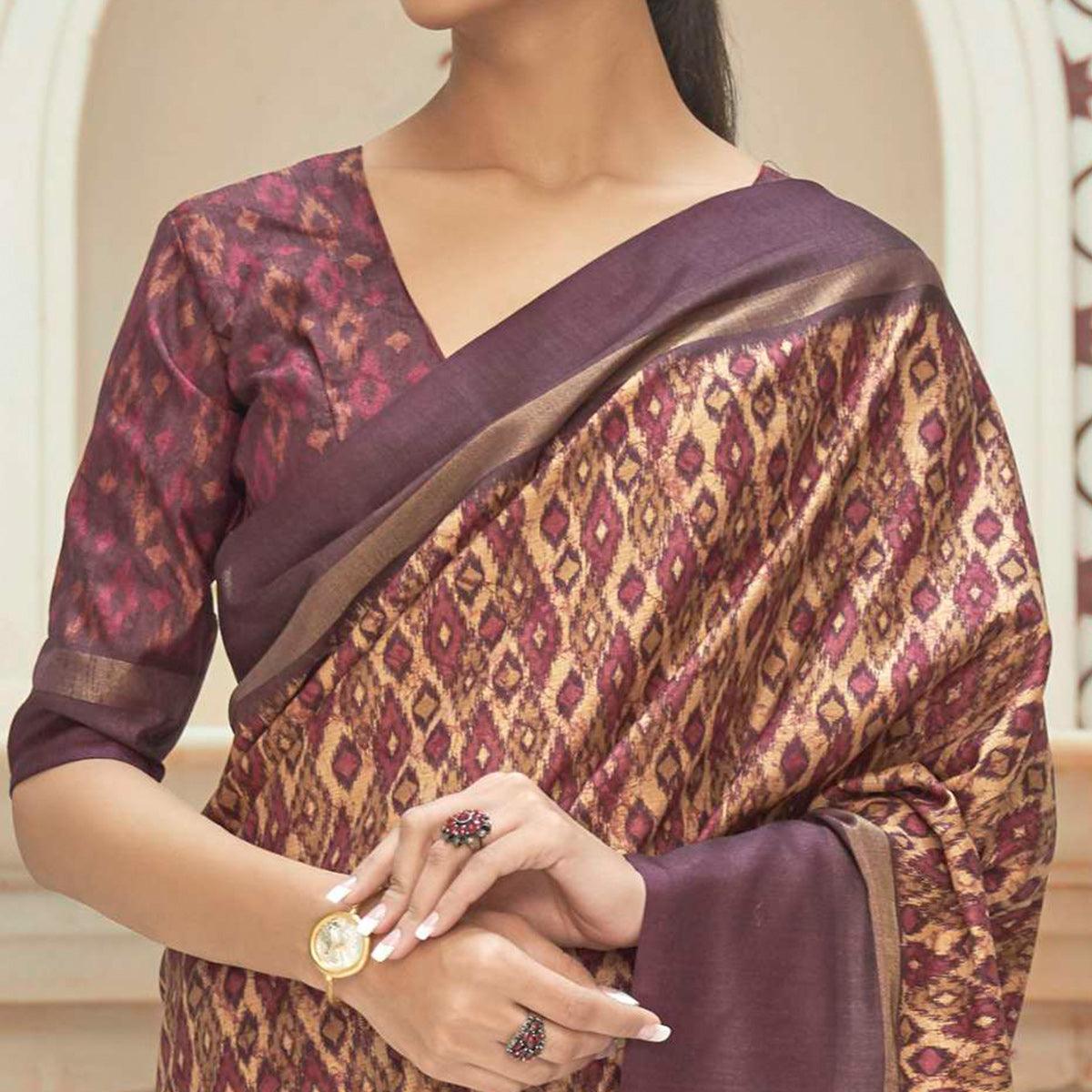 Cream Casual Wear Digital Printed Assam Silk Saree - Peachmode