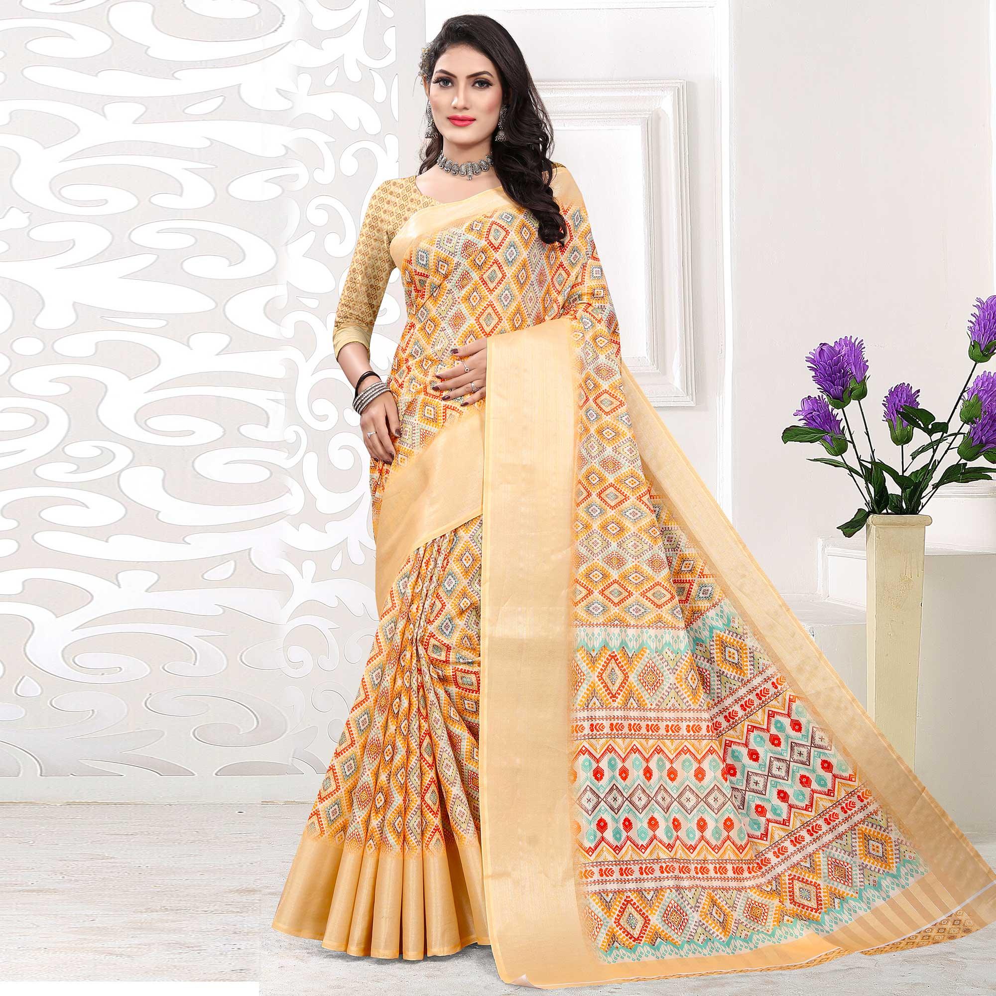 Cream Casual Wear Digital Printed Cotton Silk Saree - Peachmode