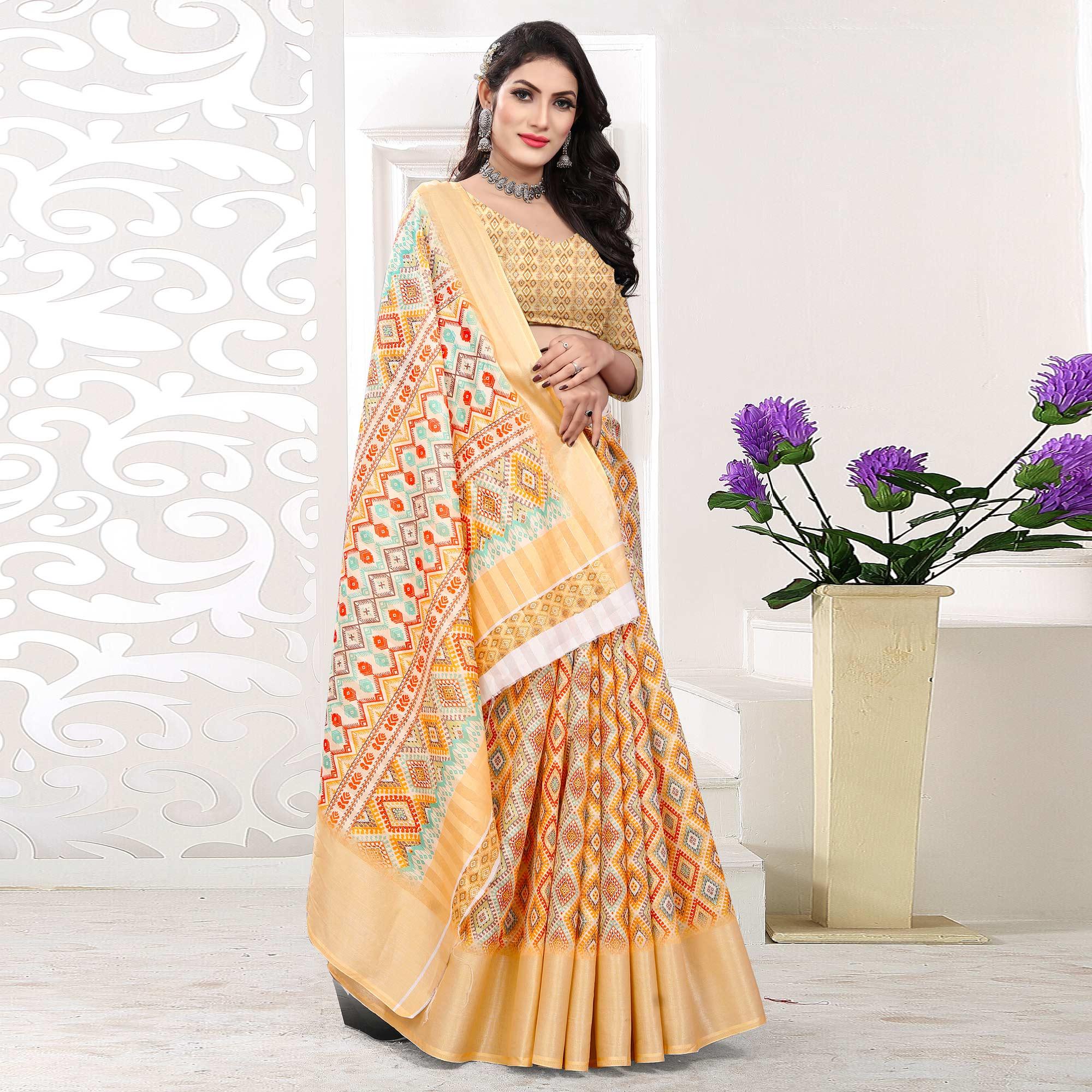 Cream Casual Wear Digital Printed Cotton Silk Saree - Peachmode