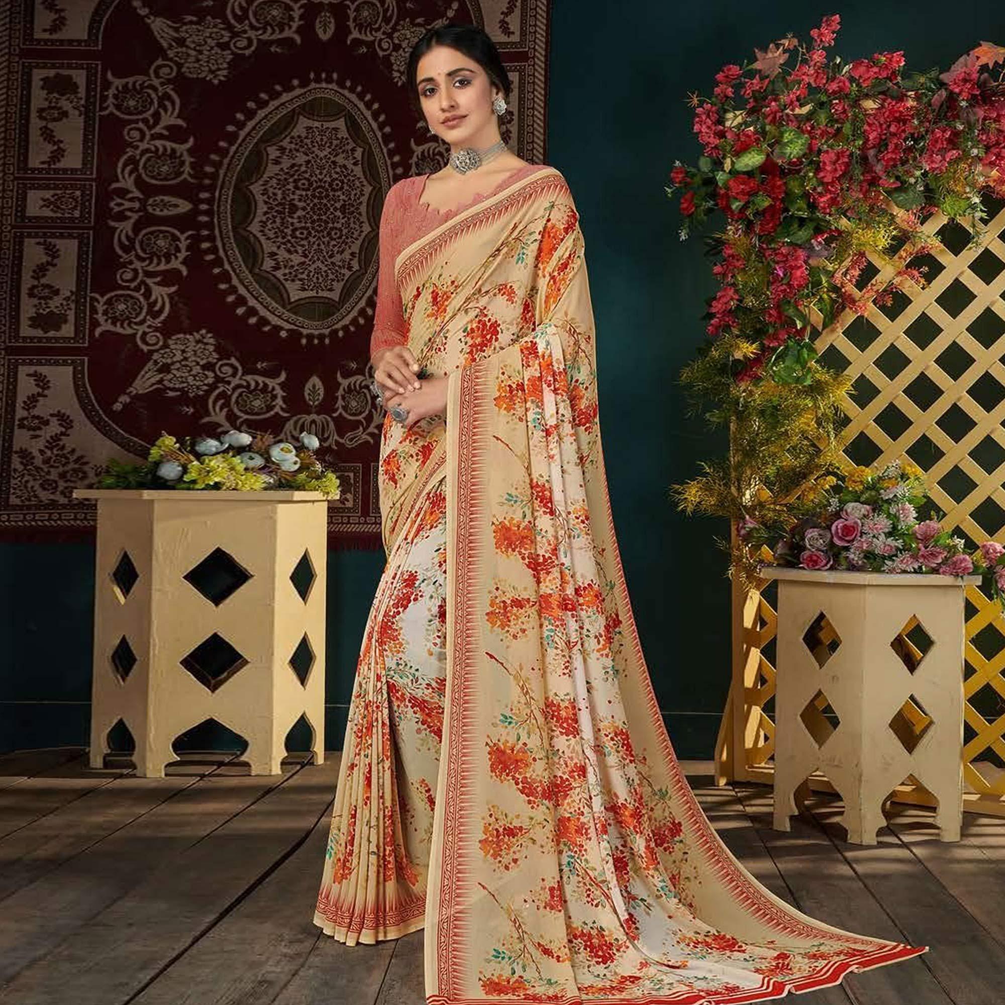 Cream Casual Wear Digital Printed Georgette Saree - Peachmode