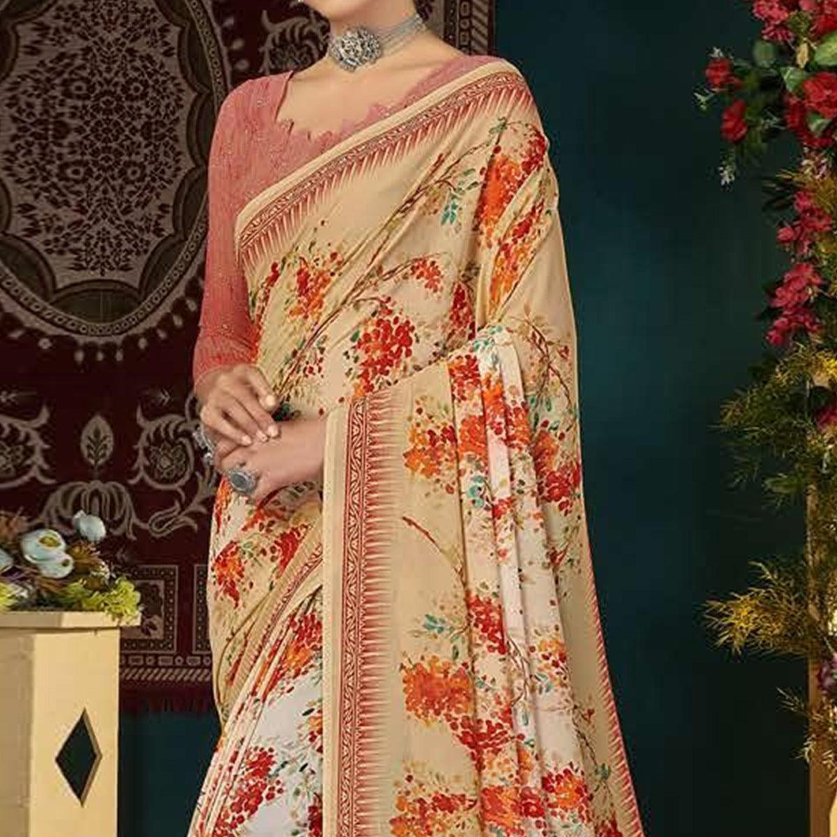 Cream Casual Wear Digital Printed Georgette Saree - Peachmode