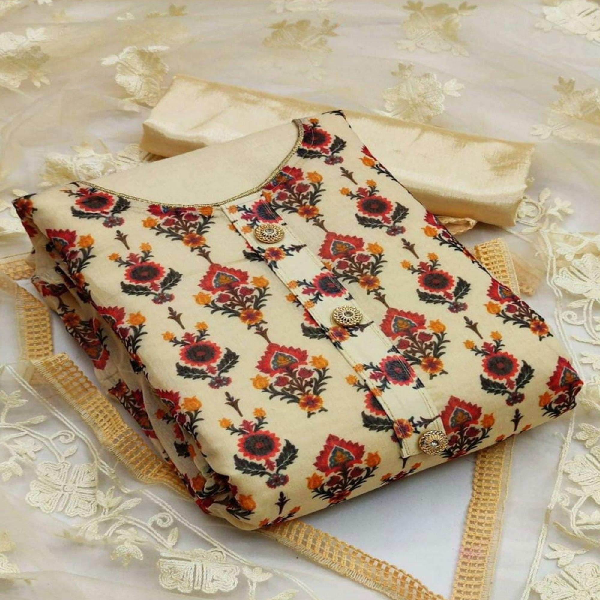 Cream Casual Wear Digital Printed Modal Chanderi  Dress Material - Peachmode