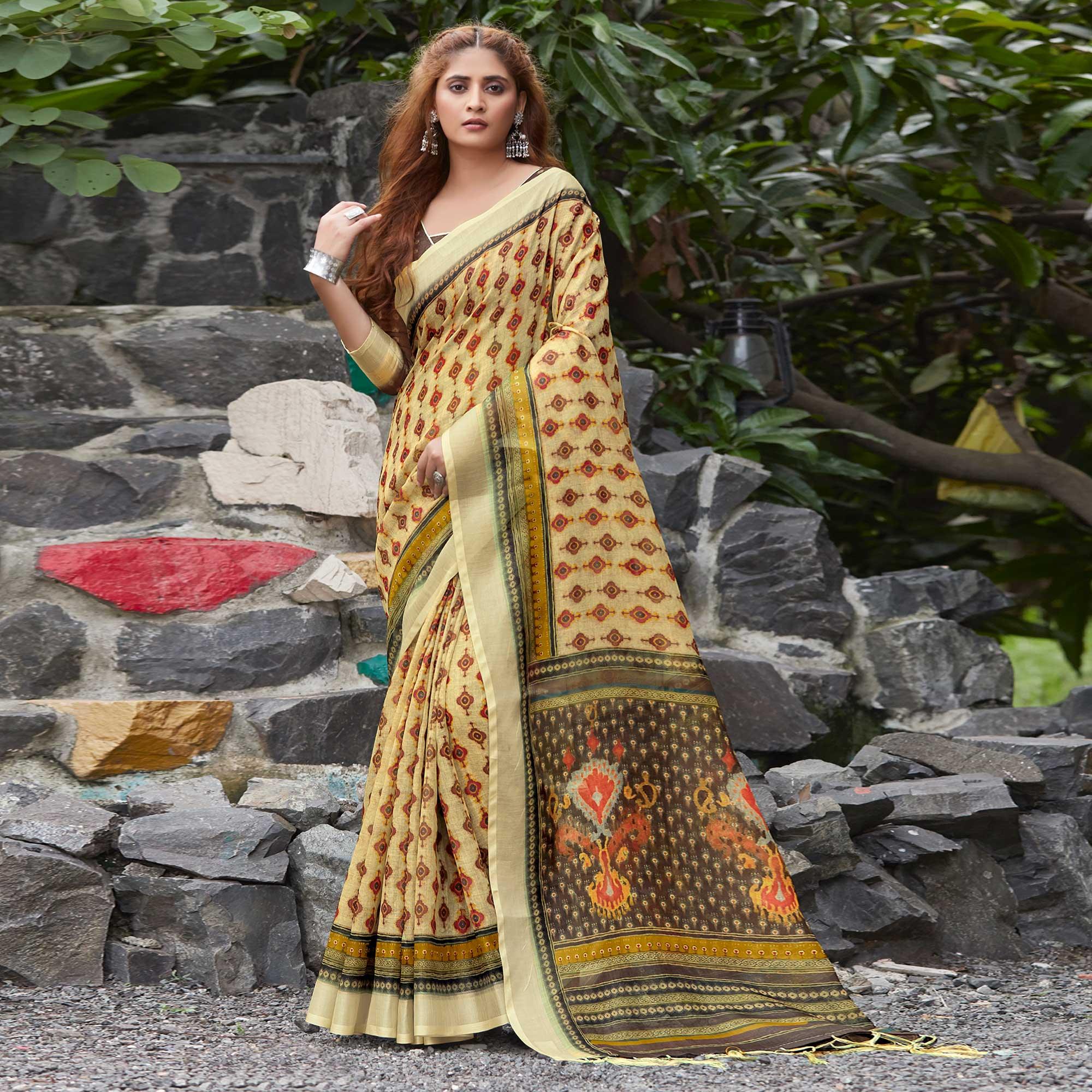 Cream Casual Wear Digital Printed Pure Linen Saree - Peachmode