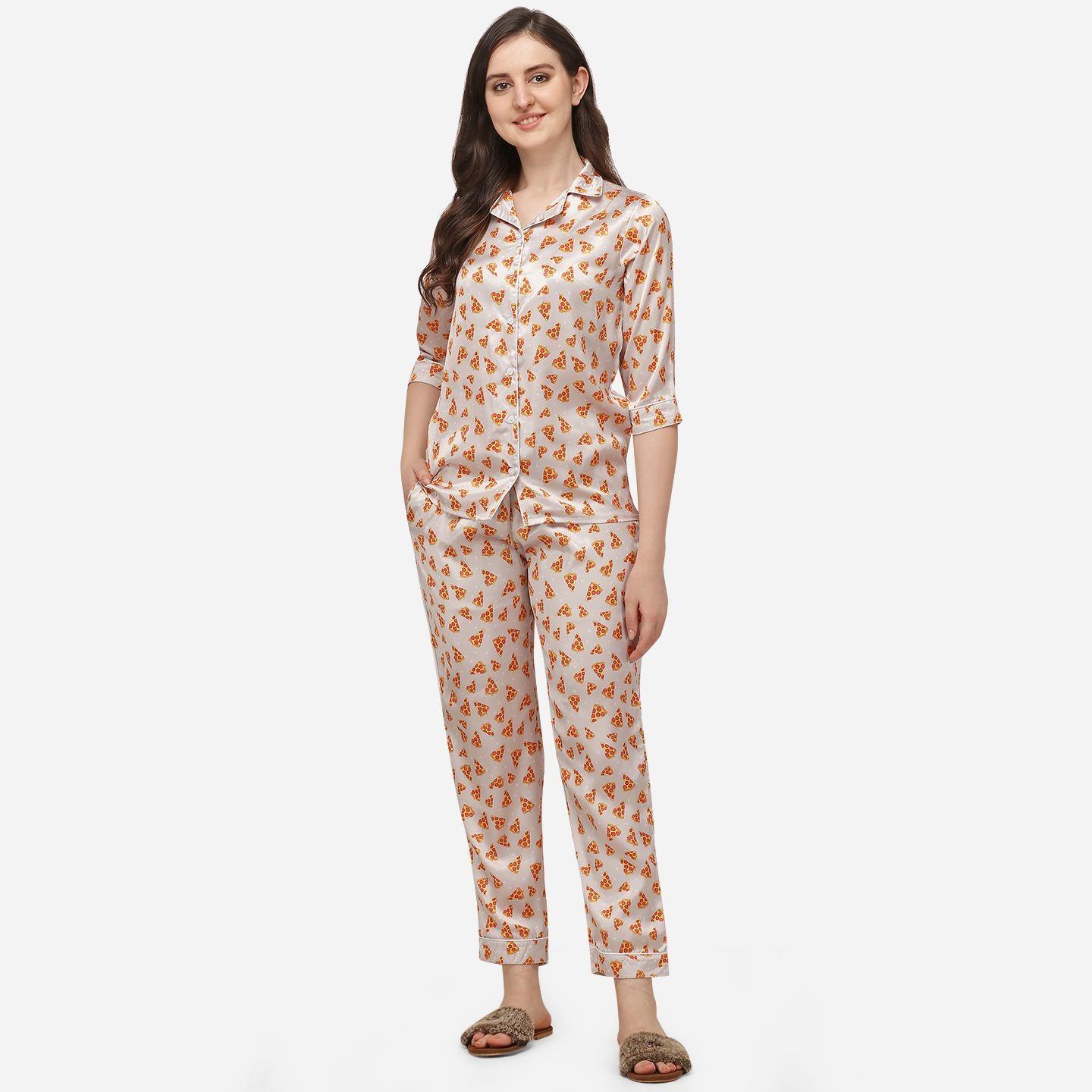 Cream Casual Wear Digital Printed Satin Night Suit - Peachmode