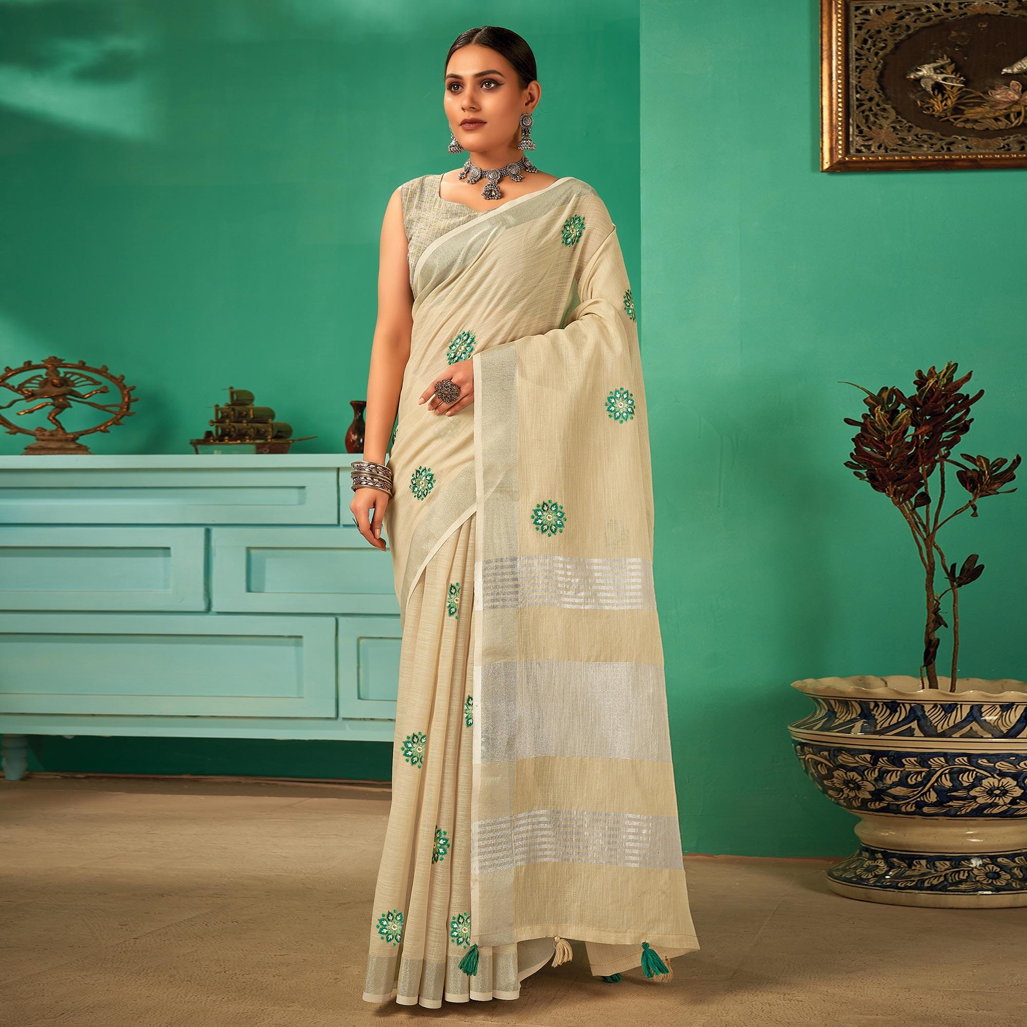 Cream Casual Wear Embroidered Linen Saree - Peachmode