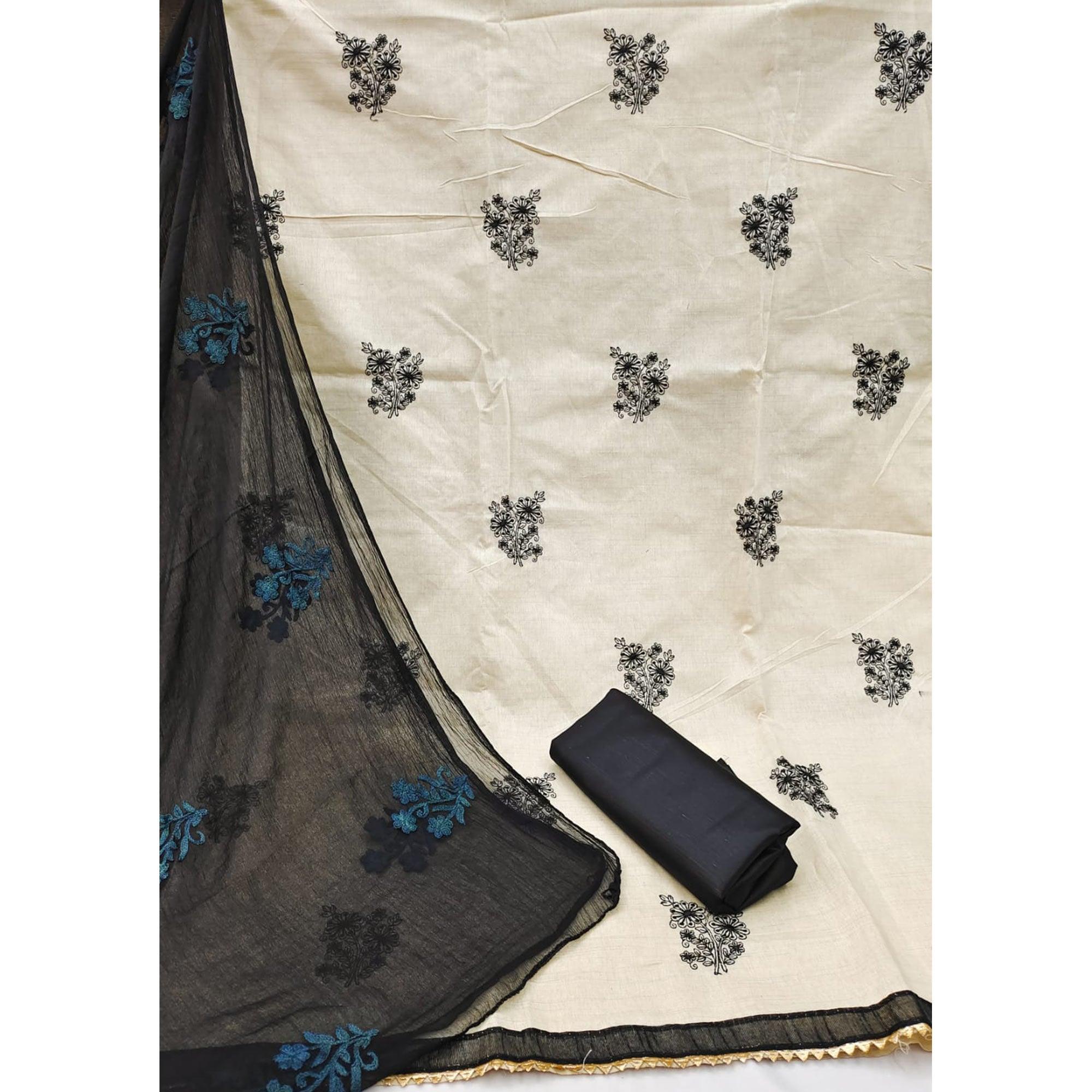Cream Casual Wear Floral Embroidered Khadi Cotton Dress Material - Peachmode