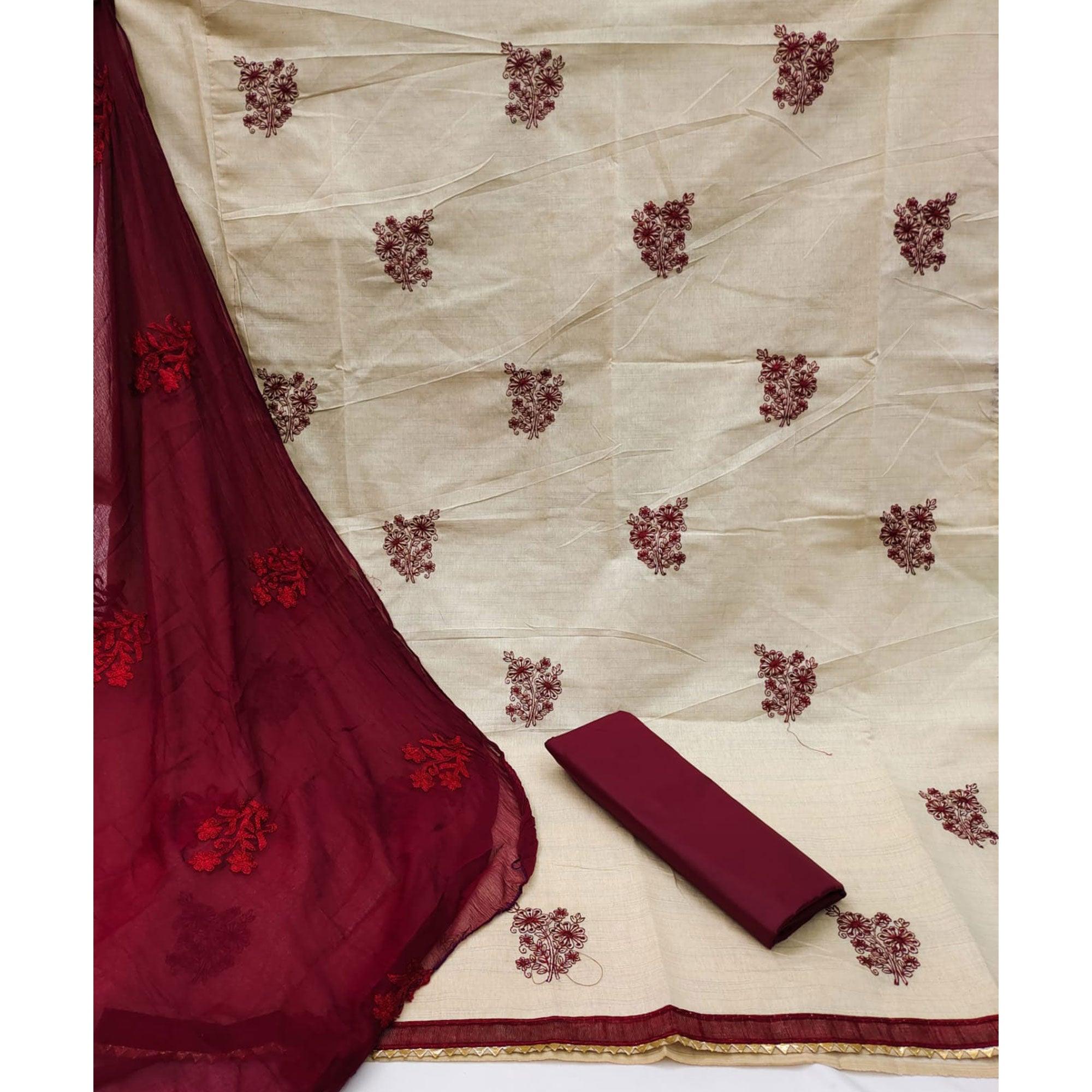 Cream Casual Wear Floral Embroidered Khadi Cotton Dress Material - Peachmode