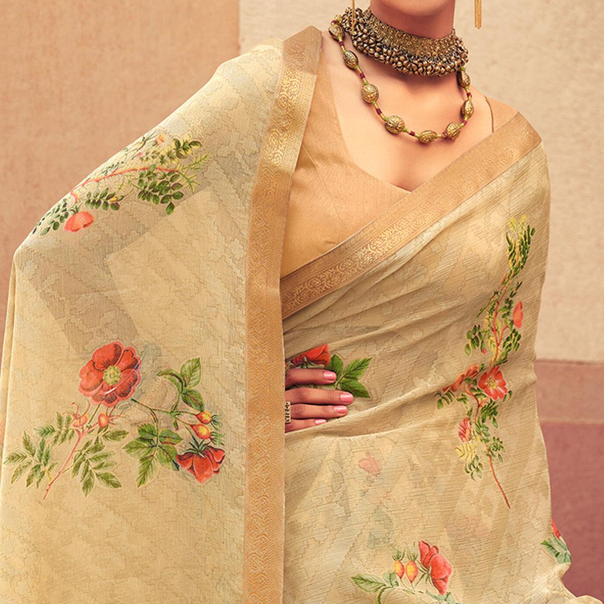 Cream Casual Wear Floral Printed Chiffon Saree With Fancy Lace - Peachmode