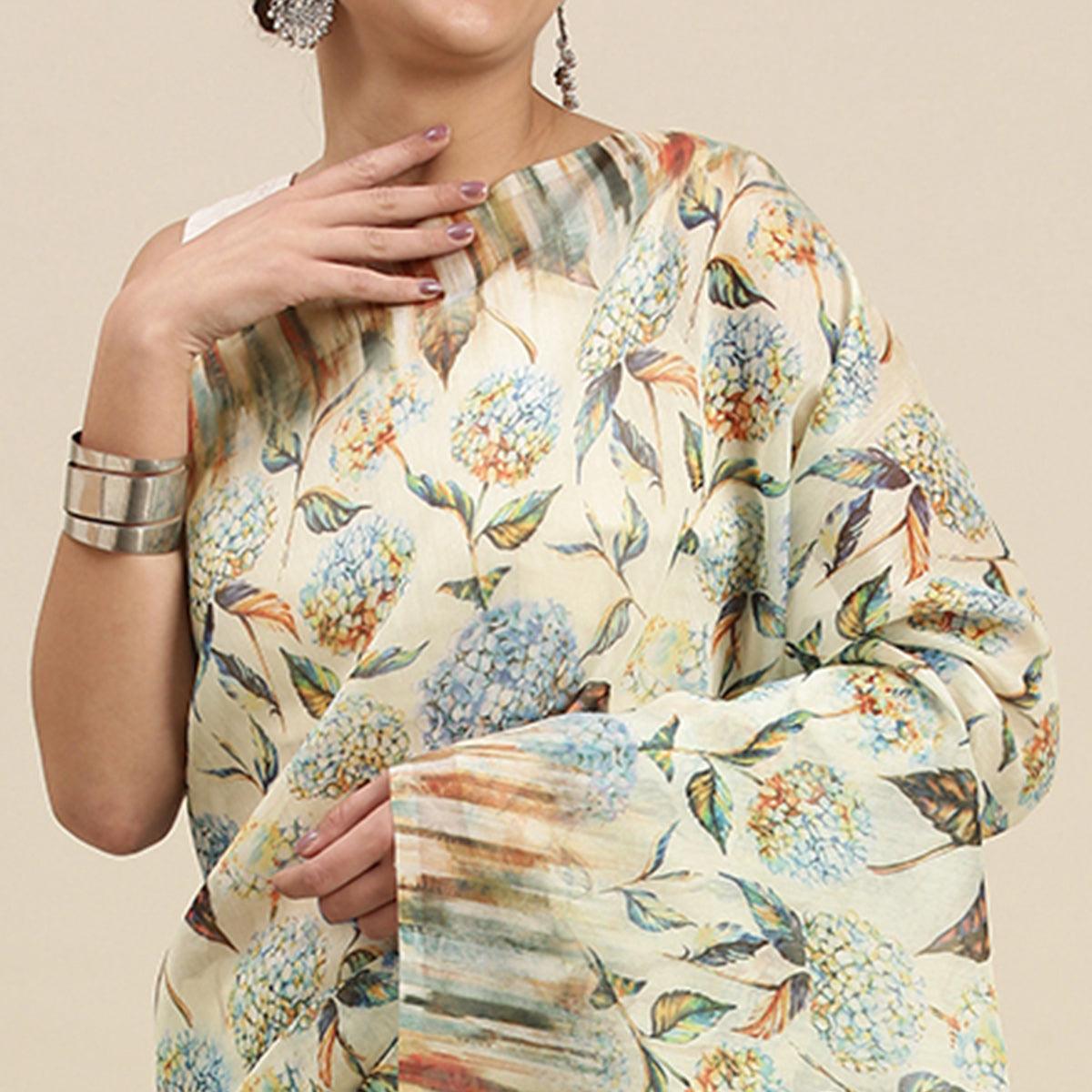 Cream Casual Wear Floral Printed Cotton Blend Saree With Tassels - Peachmode