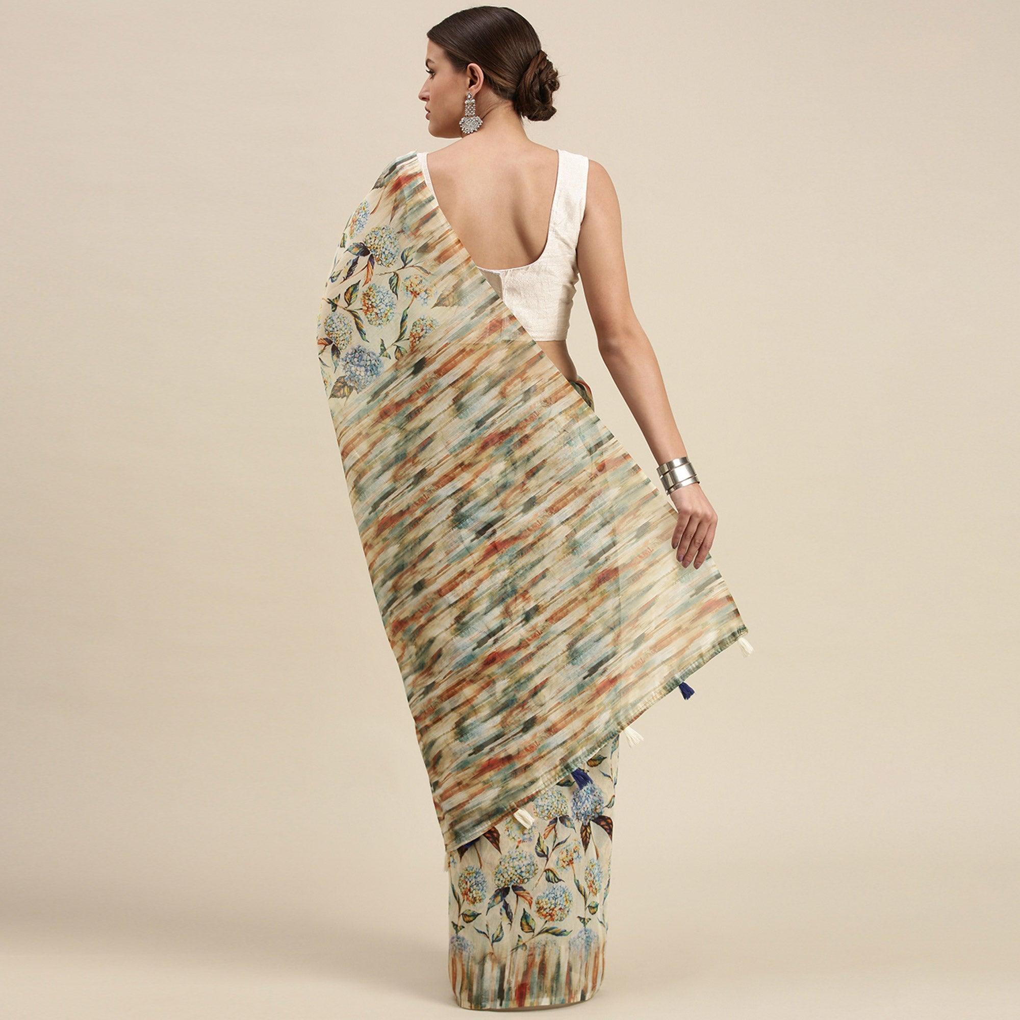 Cream Casual Wear Floral Printed Cotton Blend Saree With Tassels - Peachmode
