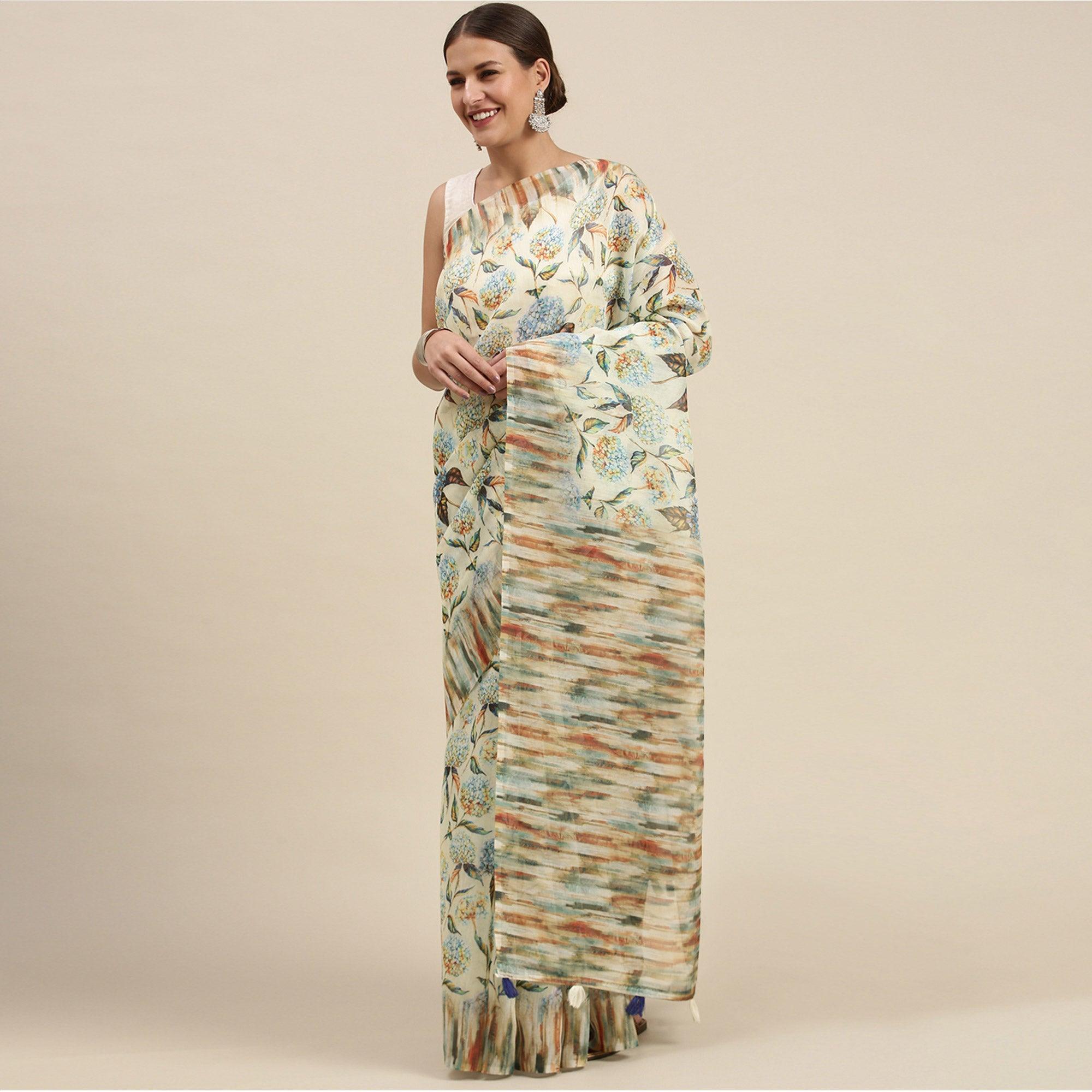 Cream Casual Wear Floral Printed Cotton Blend Saree With Tassels - Peachmode
