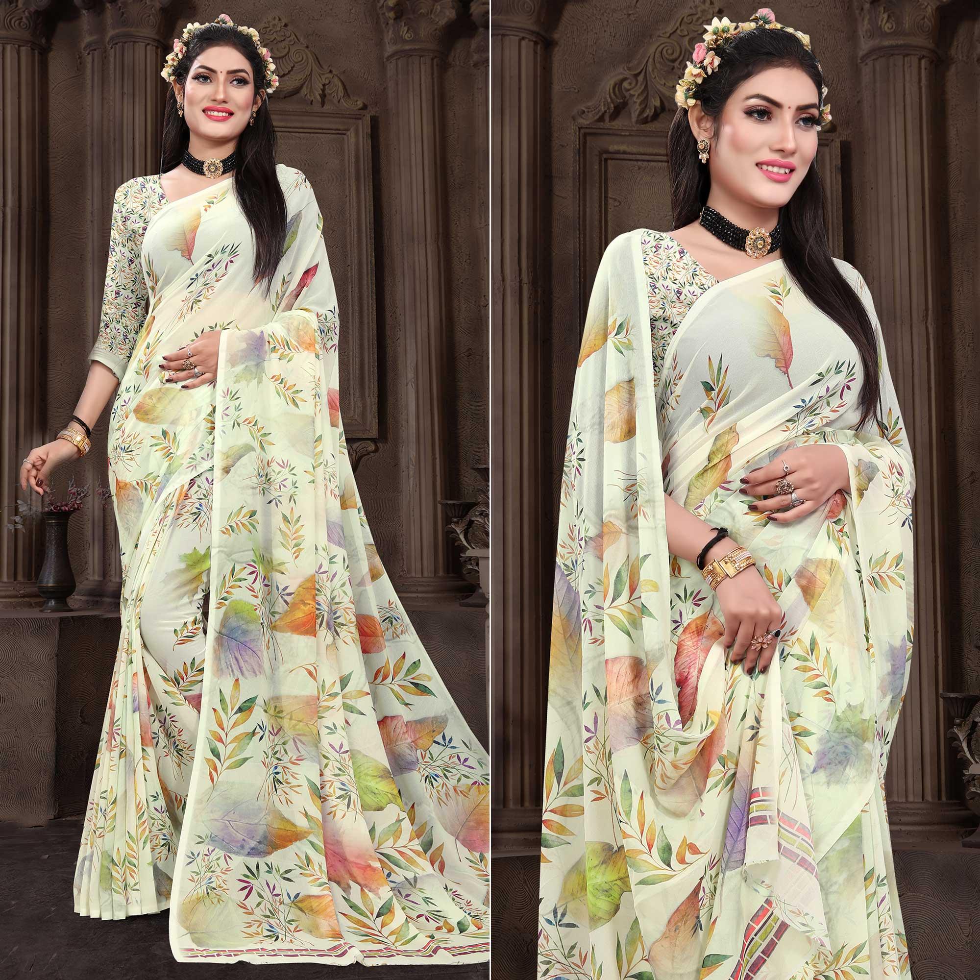 Cream Casual Wear Floral Printed Georgette Saree - Peachmode