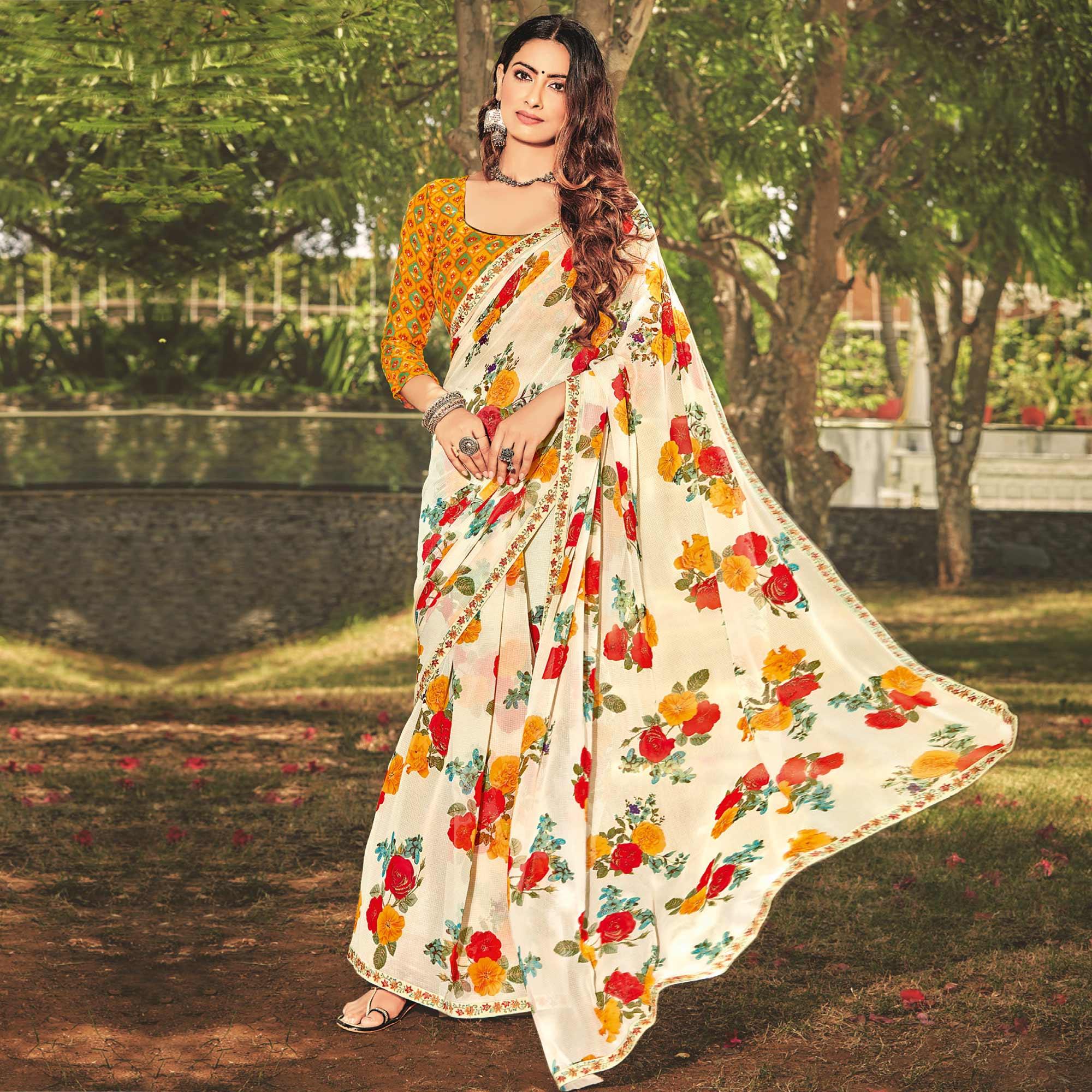 Cream Casual Wear Floral Printed Georgette Saree - Peachmode