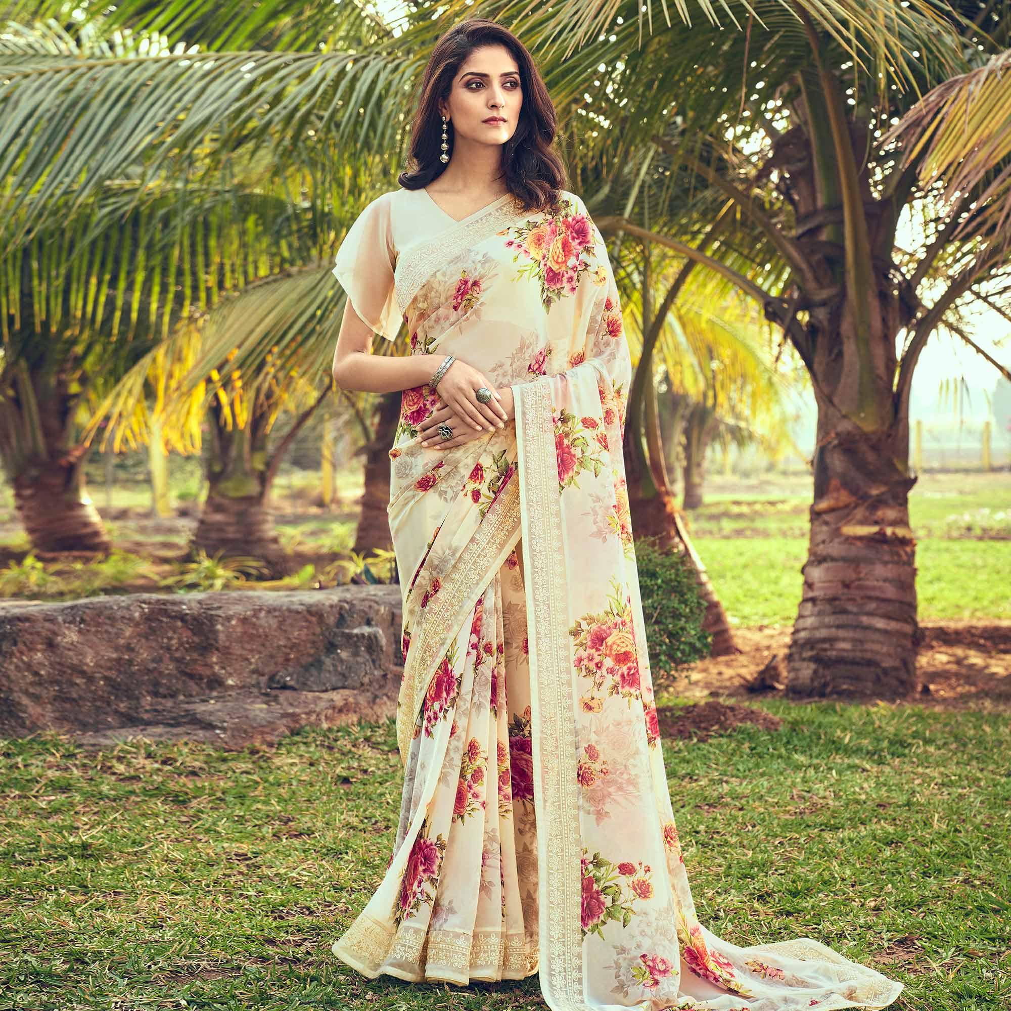 Cream Casual Wear Floral Printed Georgette Saree - Peachmode