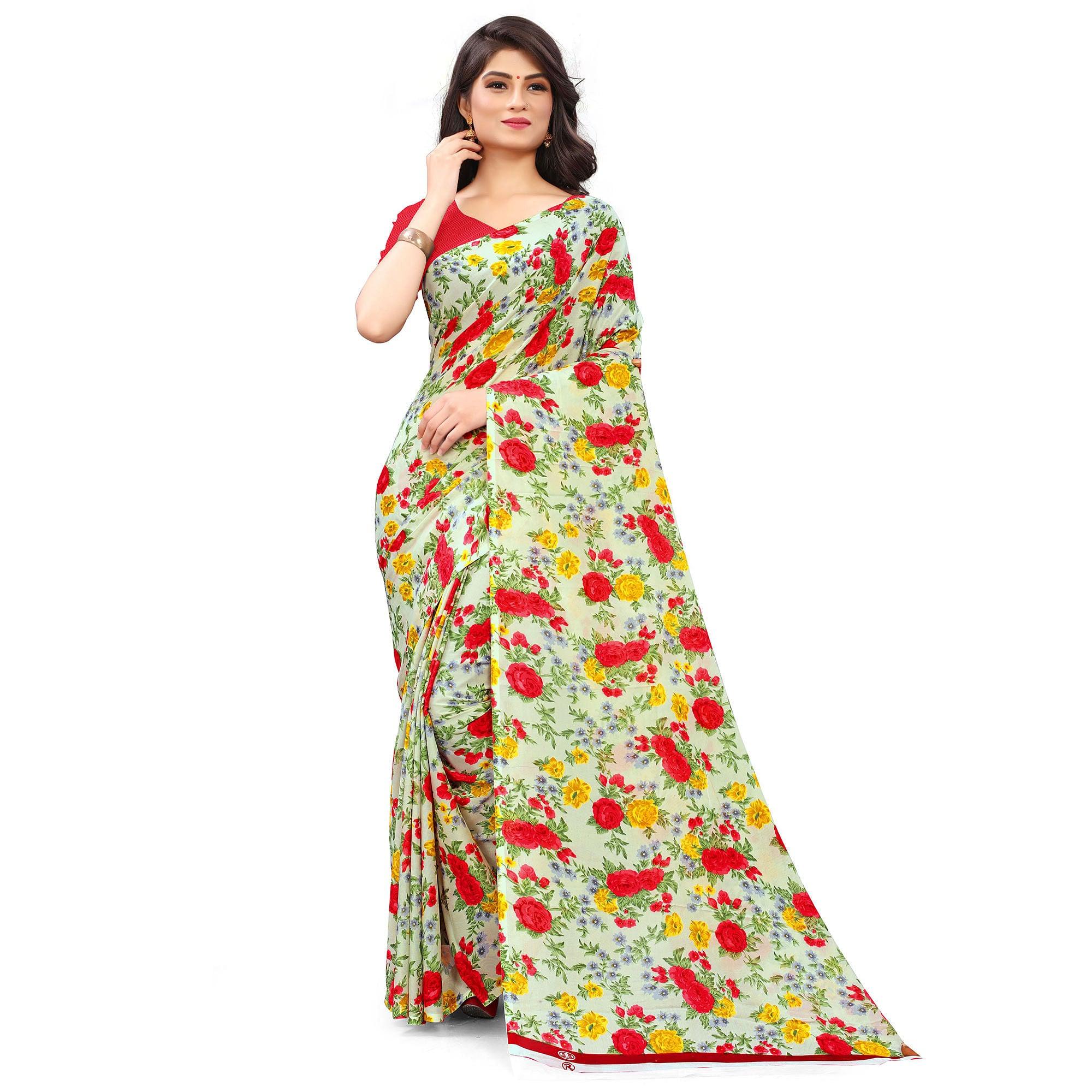 Cream Casual Wear Floral Printed Georgette Saree - Peachmode