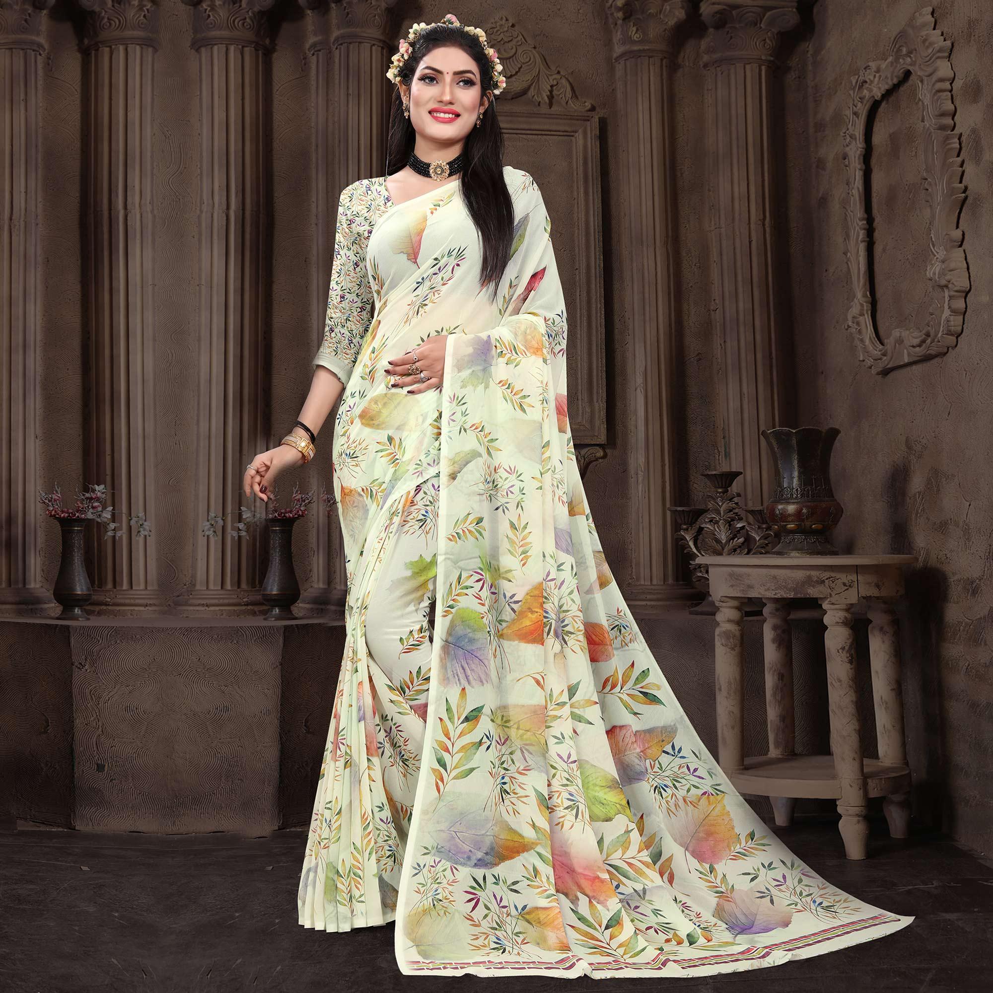 Cream Casual Wear Floral Printed Georgette Saree - Peachmode