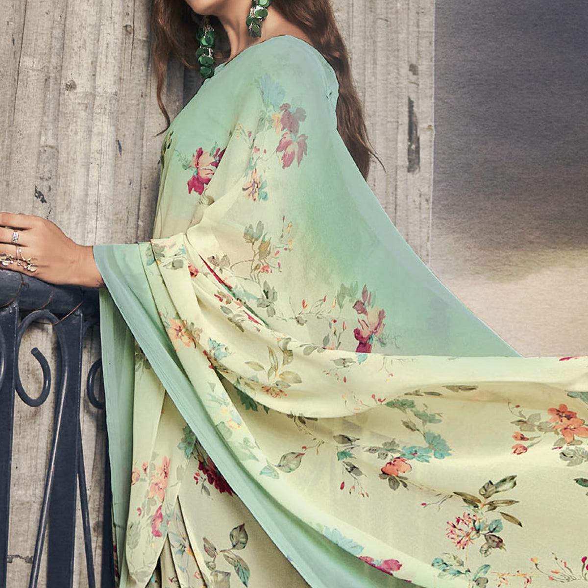 Cream Casual Wear Floral Printed Georgette Saree - Peachmode