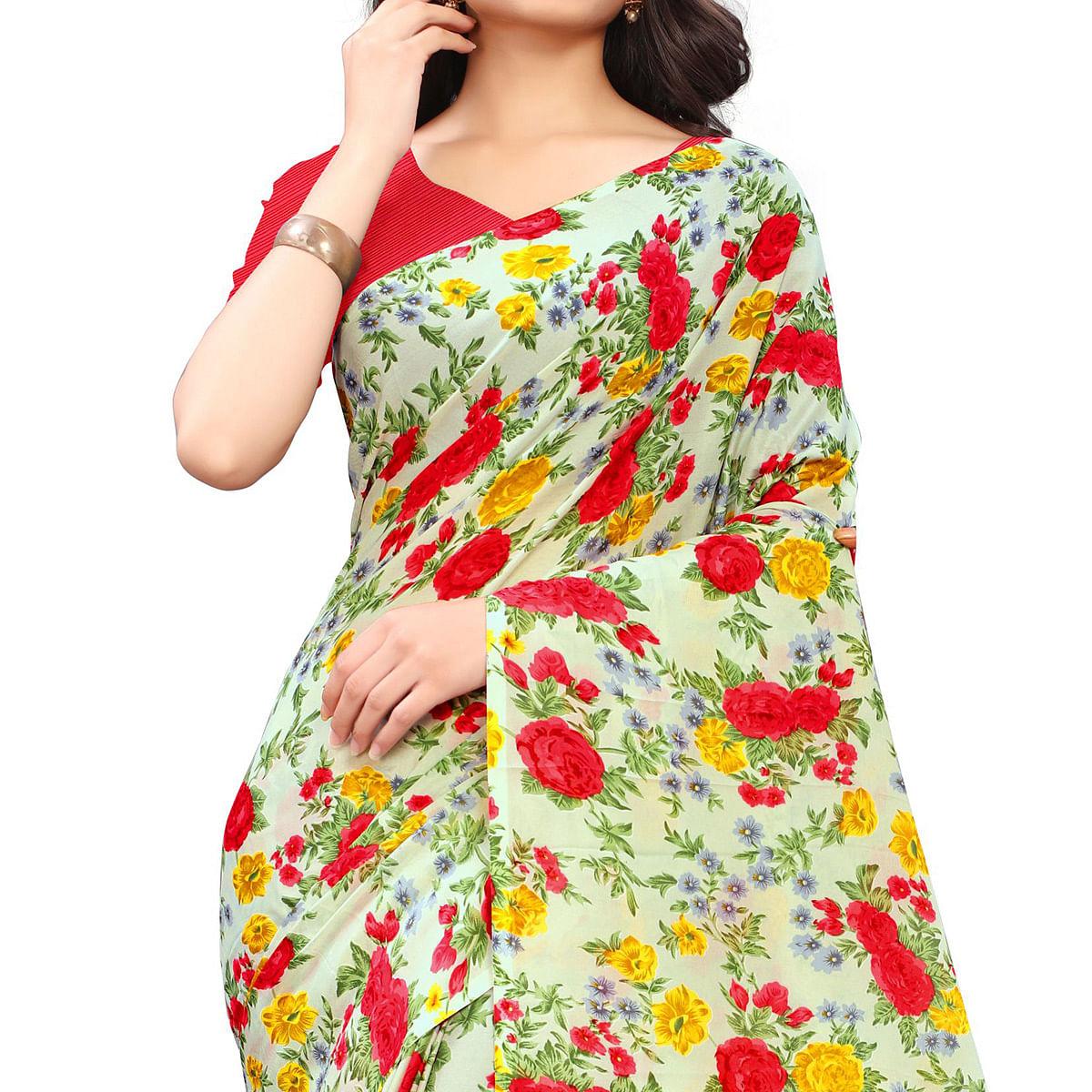 Cream Casual Wear Floral Printed Georgette Saree - Peachmode