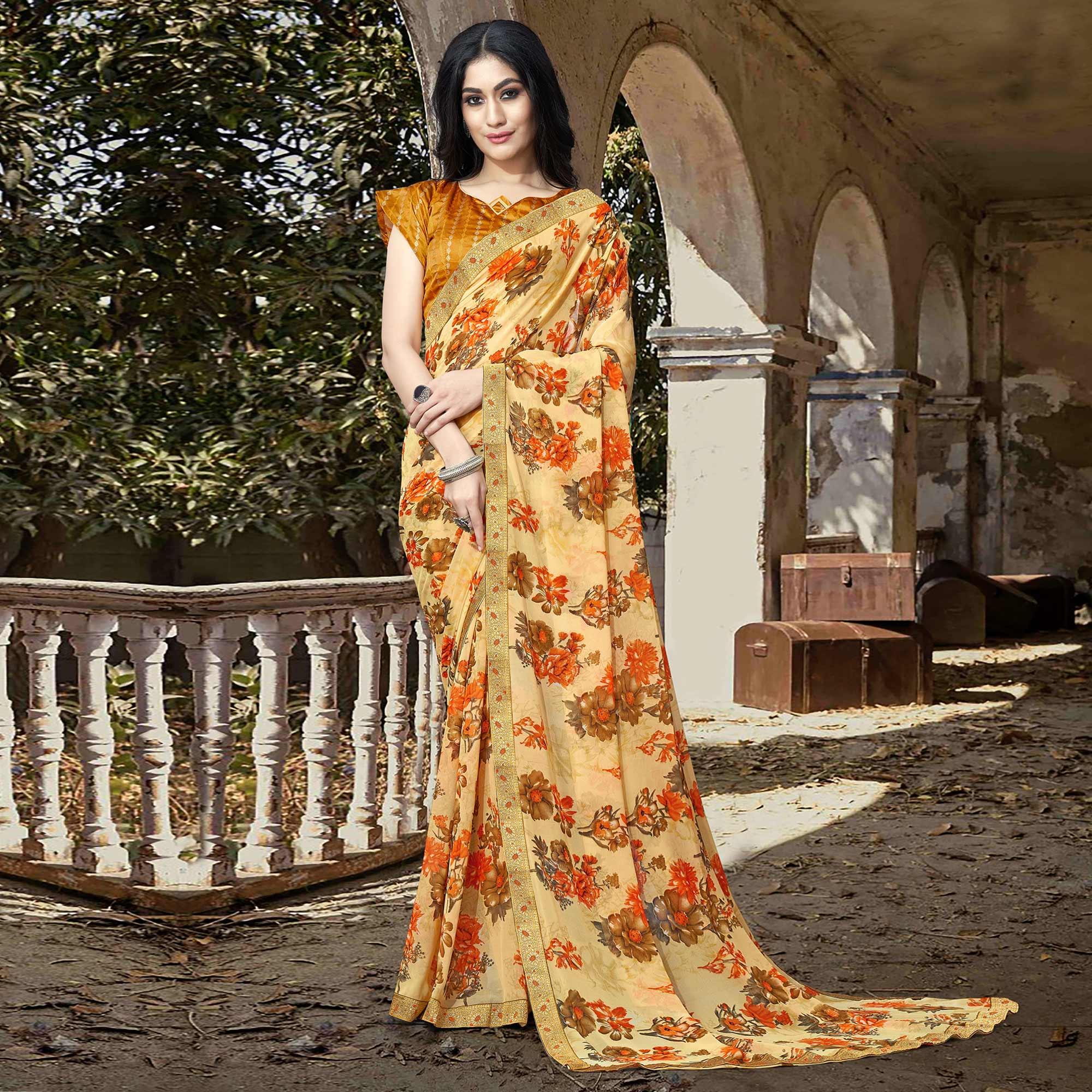 Cream Casual Wear Floral Printed Georgette Saree With Lace Border - Peachmode
