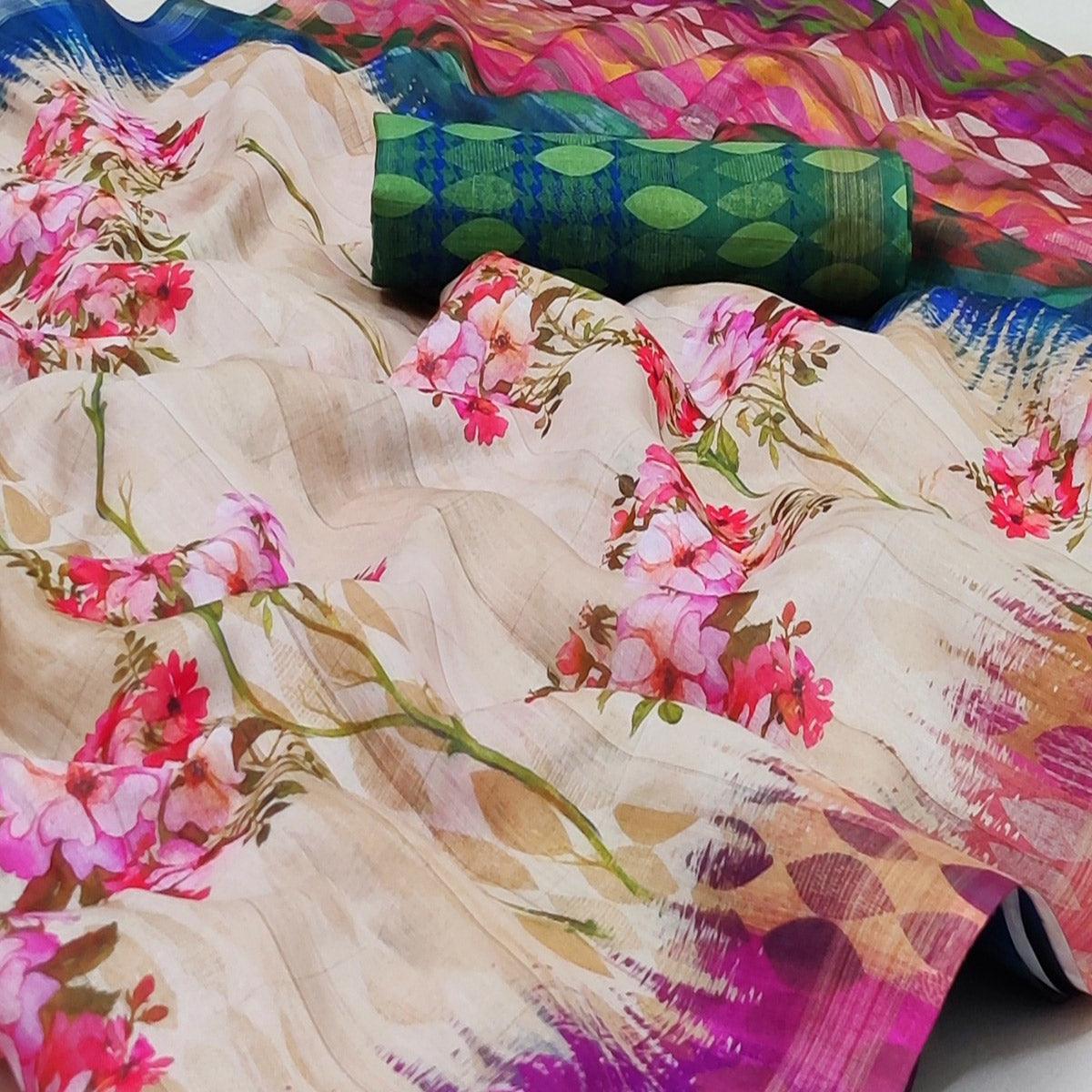 Cream Casual Wear Floral Printed Silk Saree - Peachmode