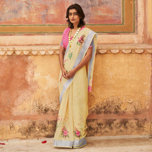 Cream Casual Wear Floral Printed Zari Border Soft Linen Cotton Saree - Peachmode