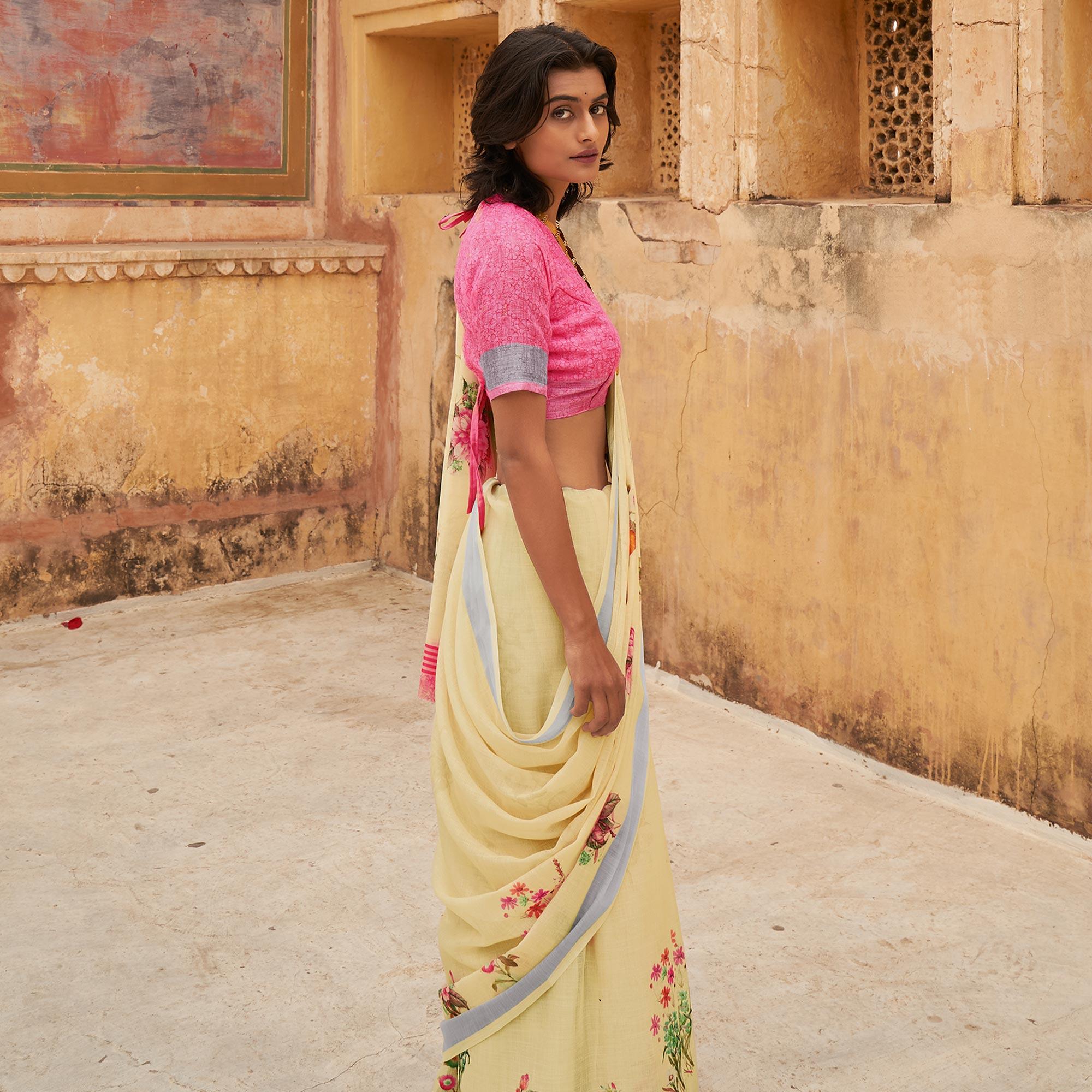 Cream Casual Wear Floral Printed Zari Border Soft Linen Cotton Saree - Peachmode