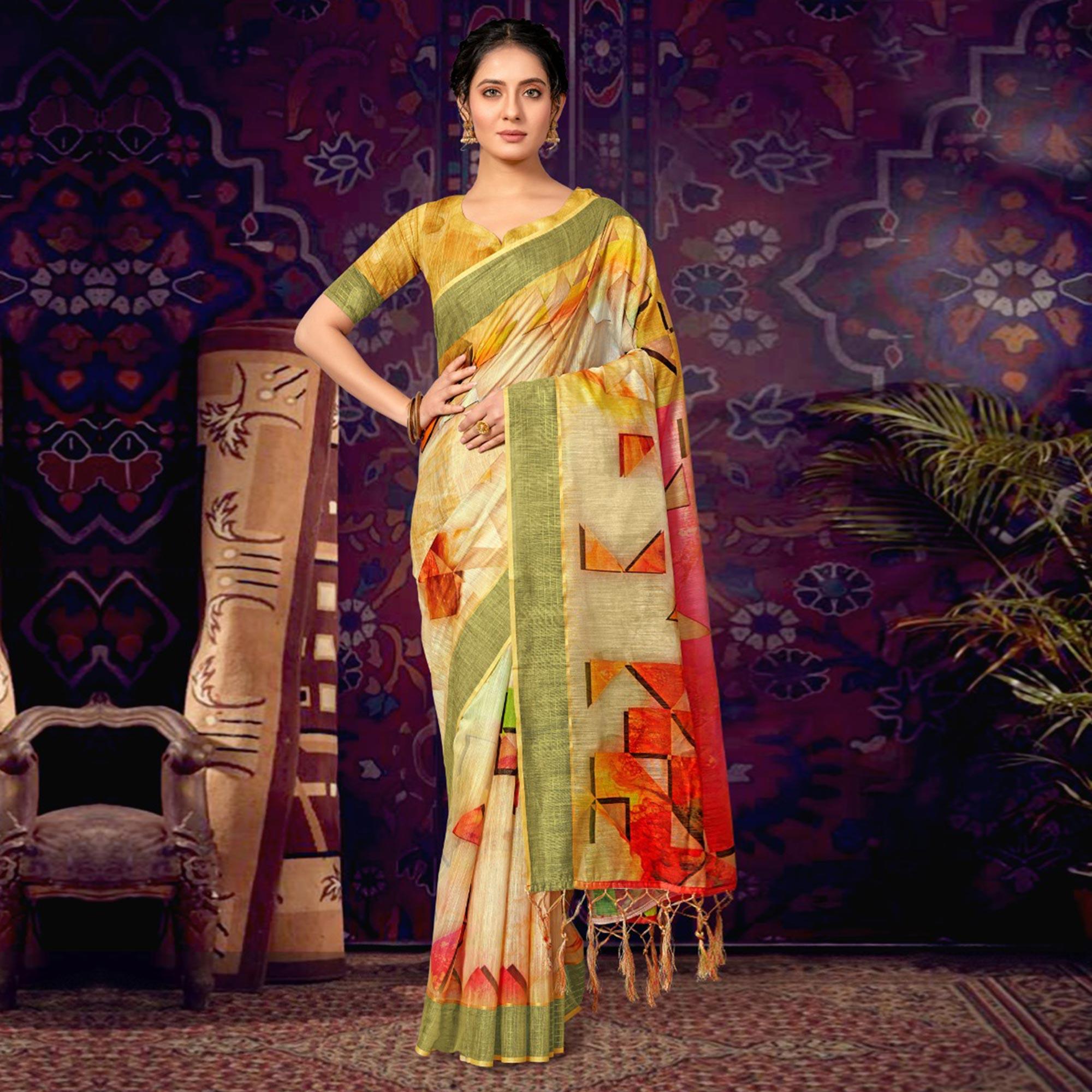 Cream Casual Wear Geometric Soft Cotton Saree - Peachmode