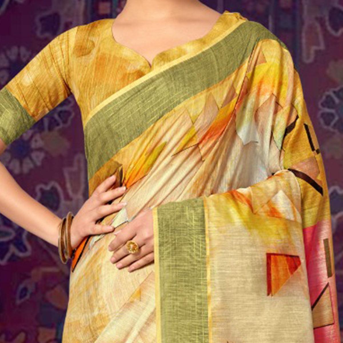 Cream Casual Wear Geometric Soft Cotton Saree - Peachmode