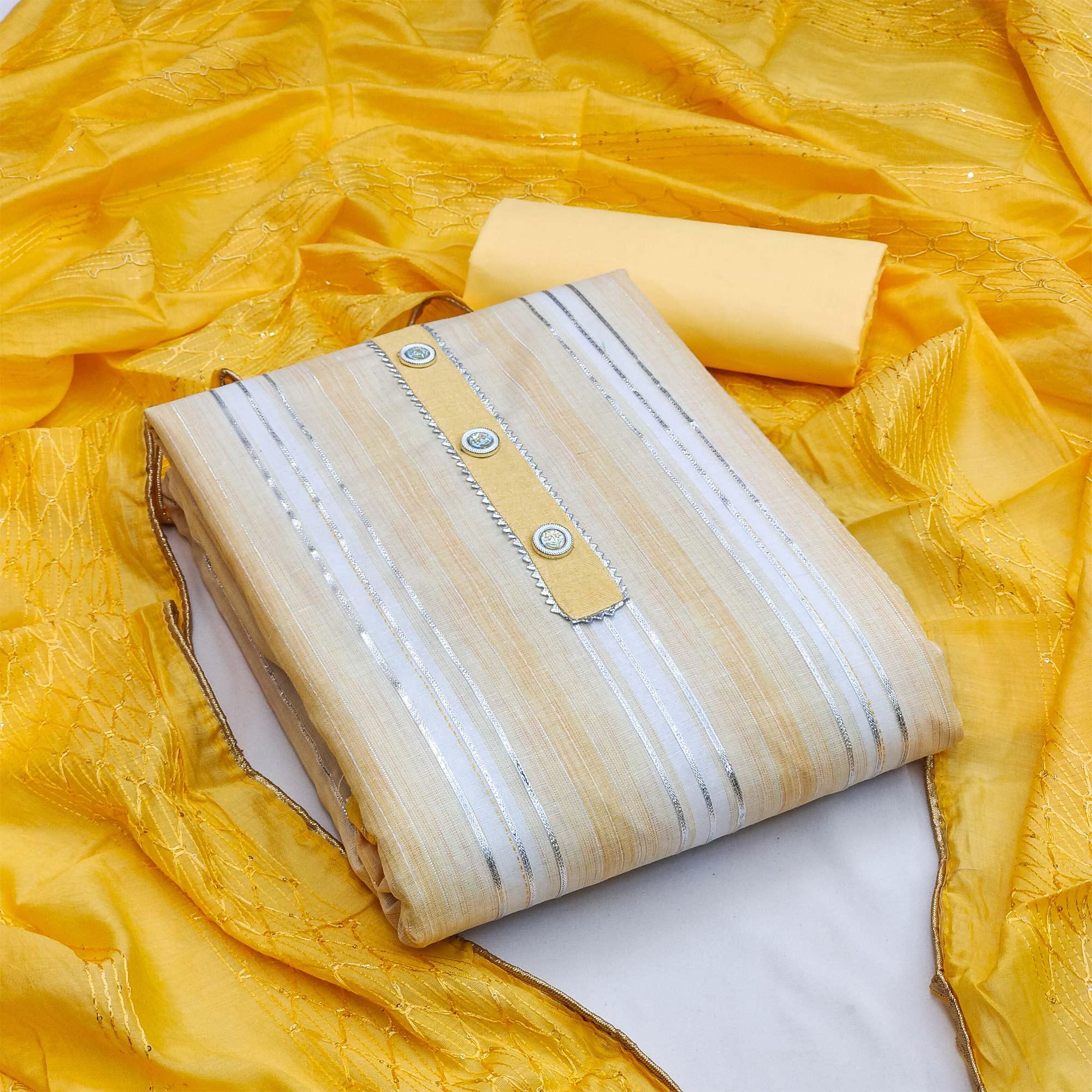 Cream Casual Wear Gota Patti Work Cotton Dress Material - Peachmode