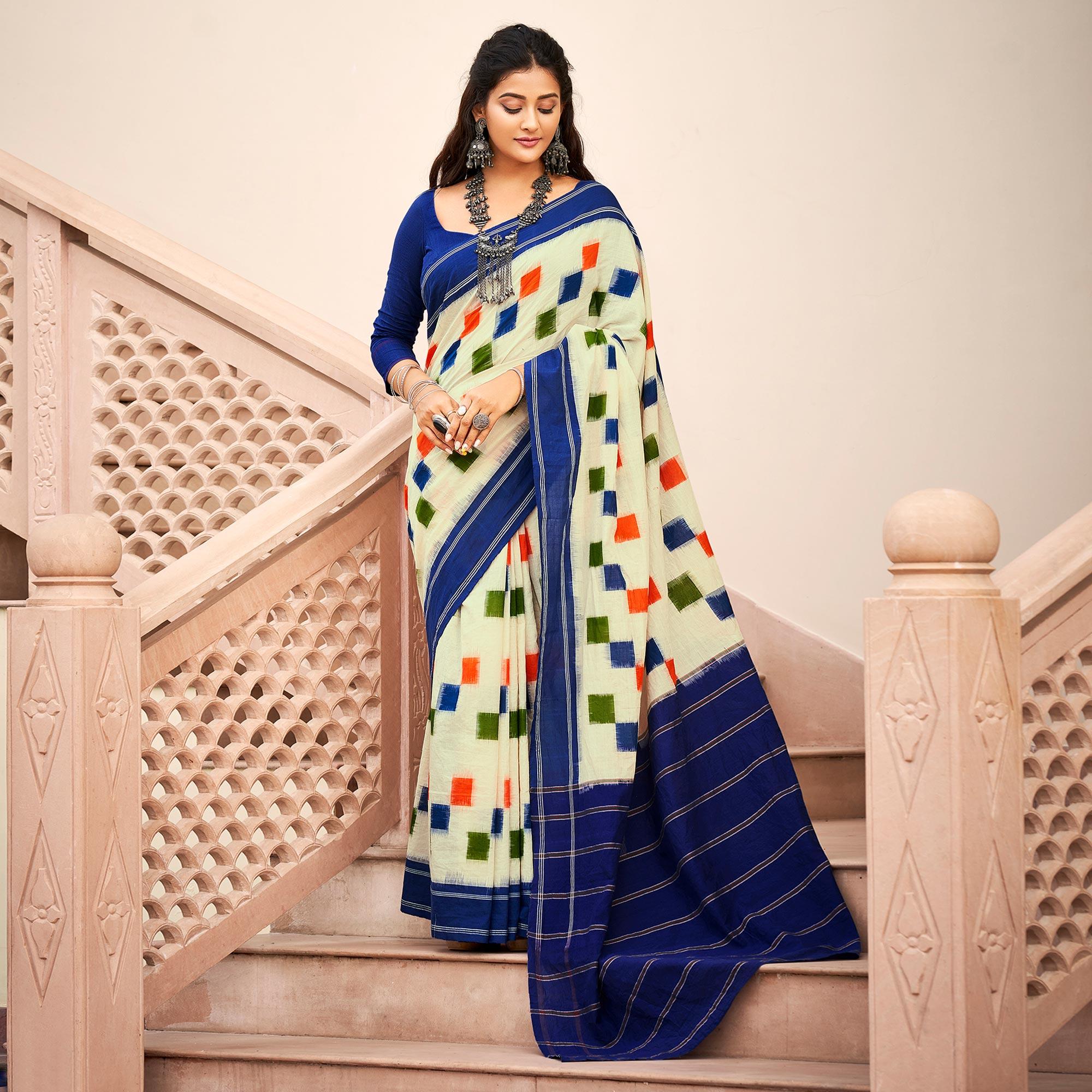 Cream Casual Wear Ikkat Printed Cotton Saree - Peachmode