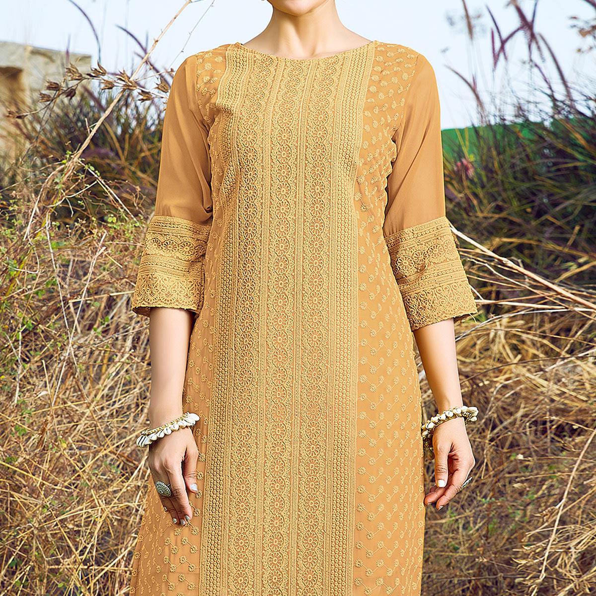 Cream Casual Wear Lucknowi Embroidered Georgette Kurti - Peachmode