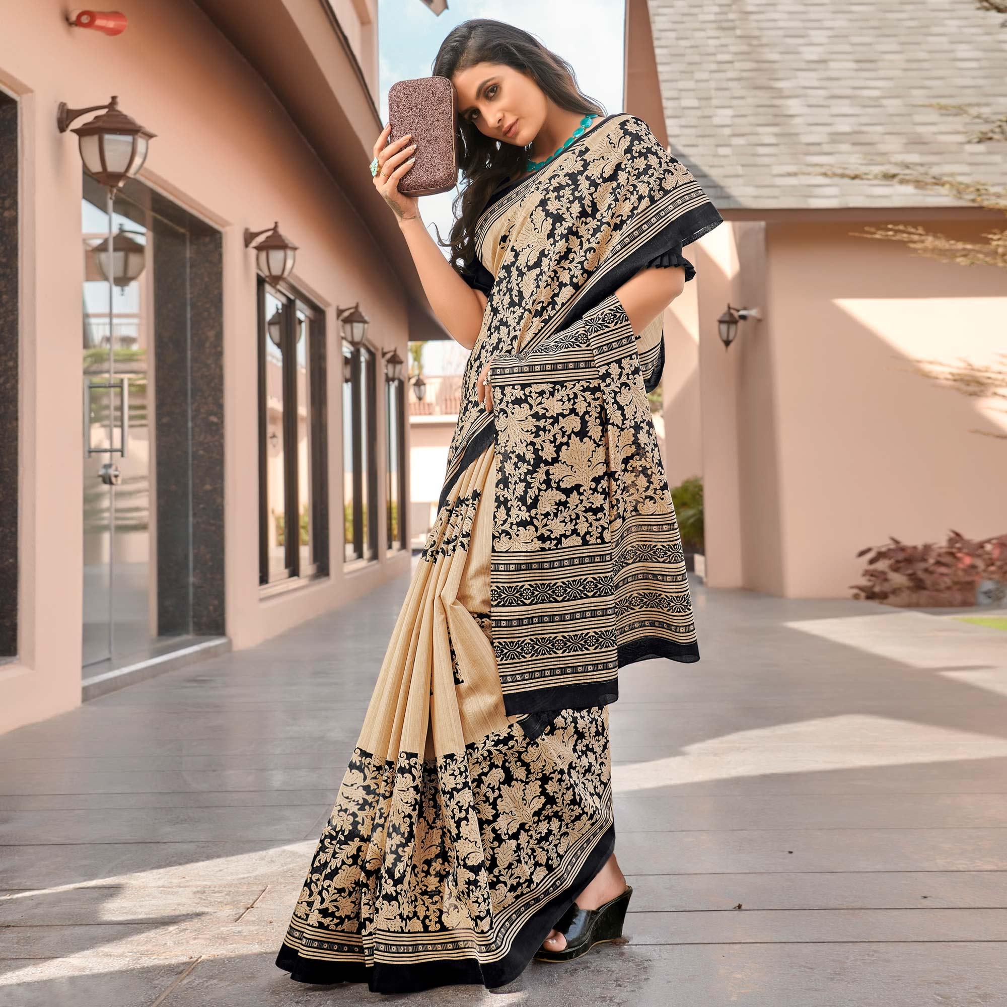 Cream Casual Wear Printed Bhagalpuri Sarees - Peachmode