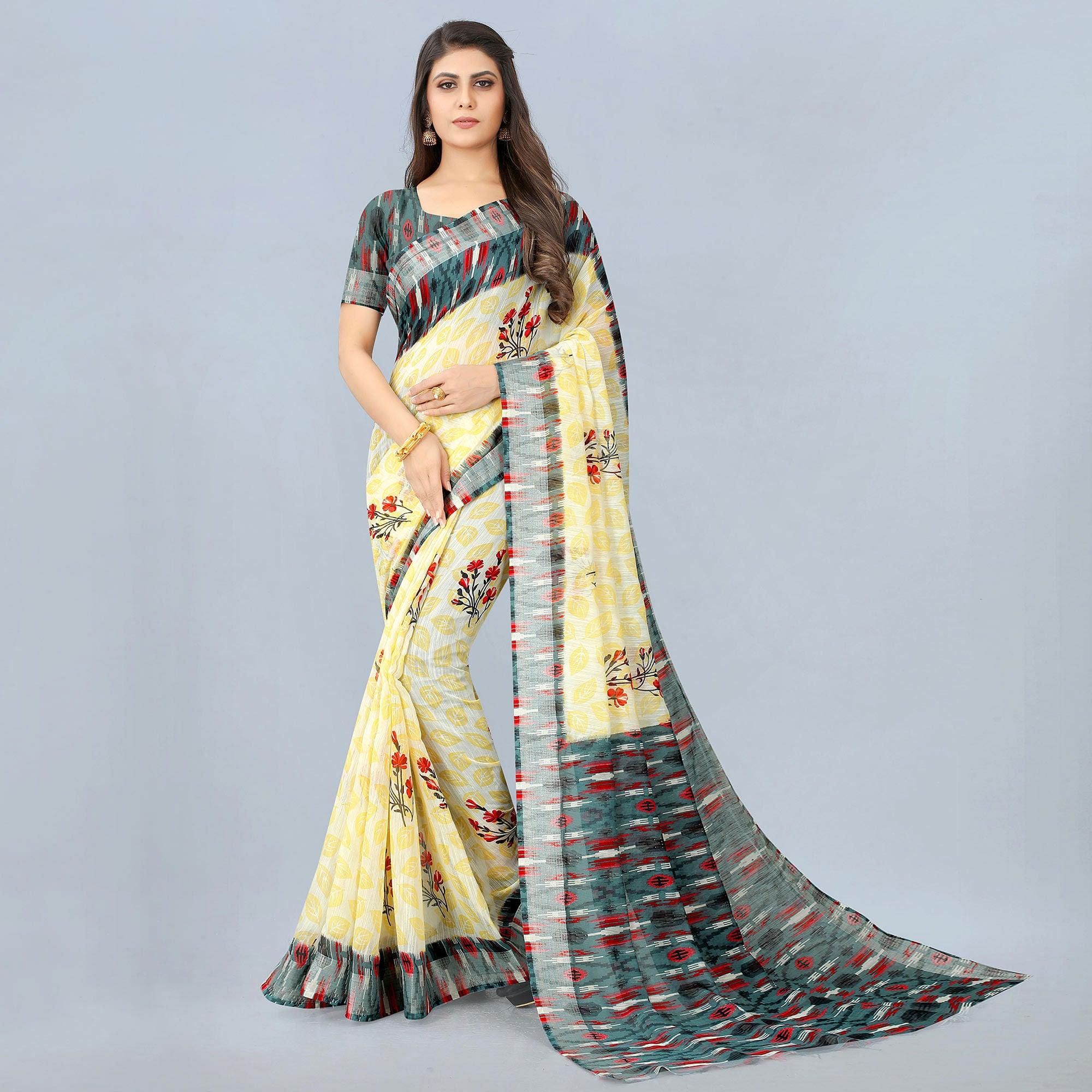 Cream Casual Wear Printed Chanderi Silk Saree - Peachmode