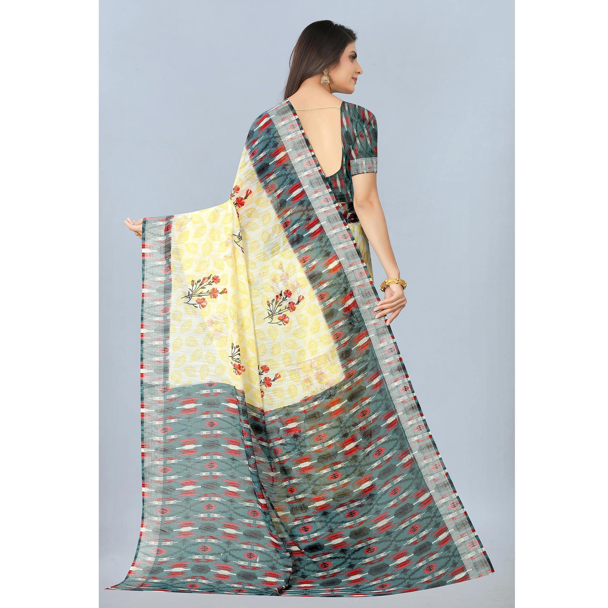 Cream Casual Wear Printed Chanderi Silk Saree - Peachmode