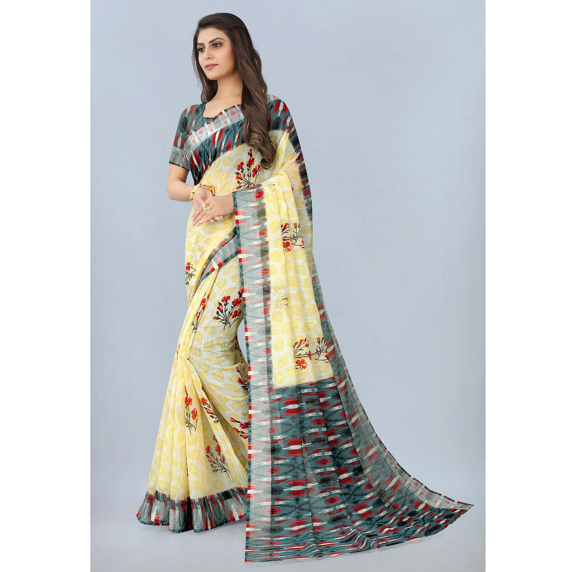 Cream Casual Wear Printed Chanderi Silk Saree - Peachmode