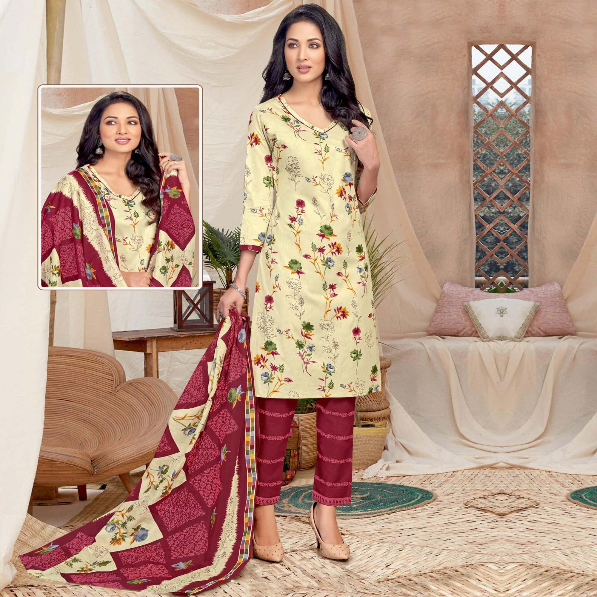 Cream Casual Wear Printed Cotton Dress Material - Peachmode