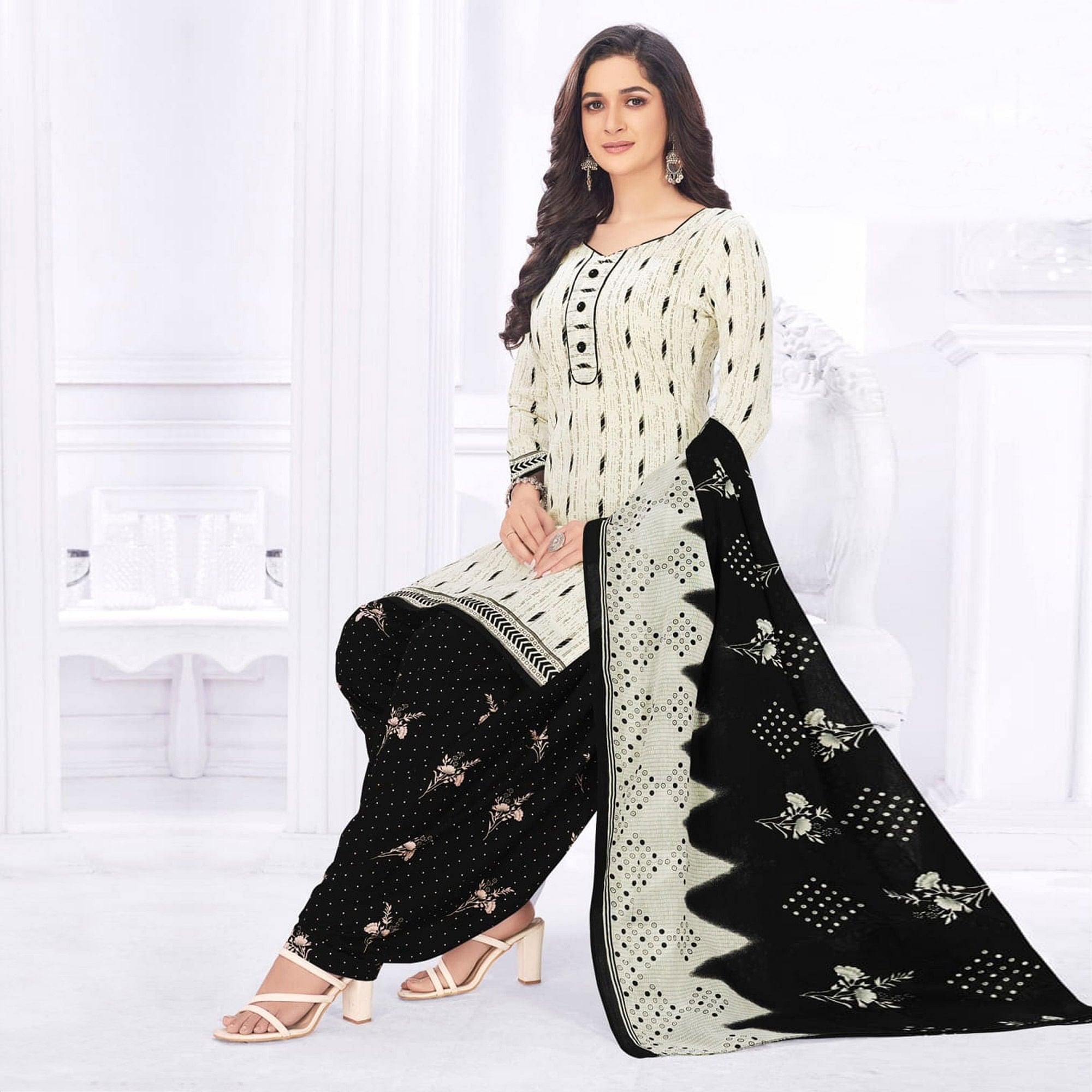 Cream Casual Wear Printed Cotton Dress Material - Peachmode