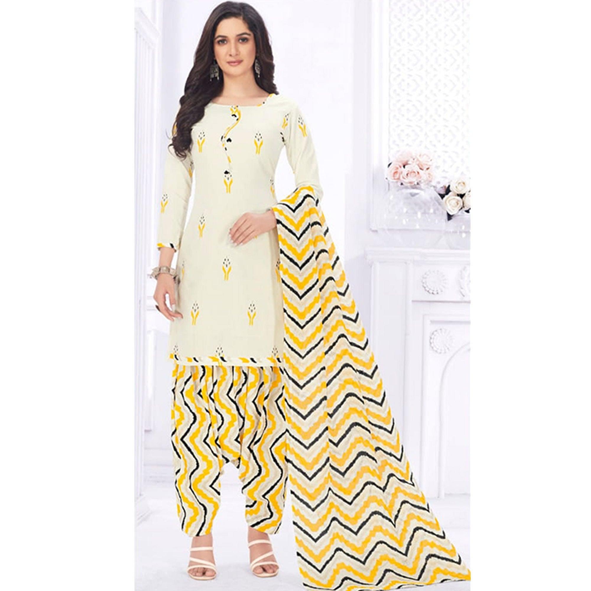 Cream Casual Wear Printed Cotton Dress Material - Peachmode