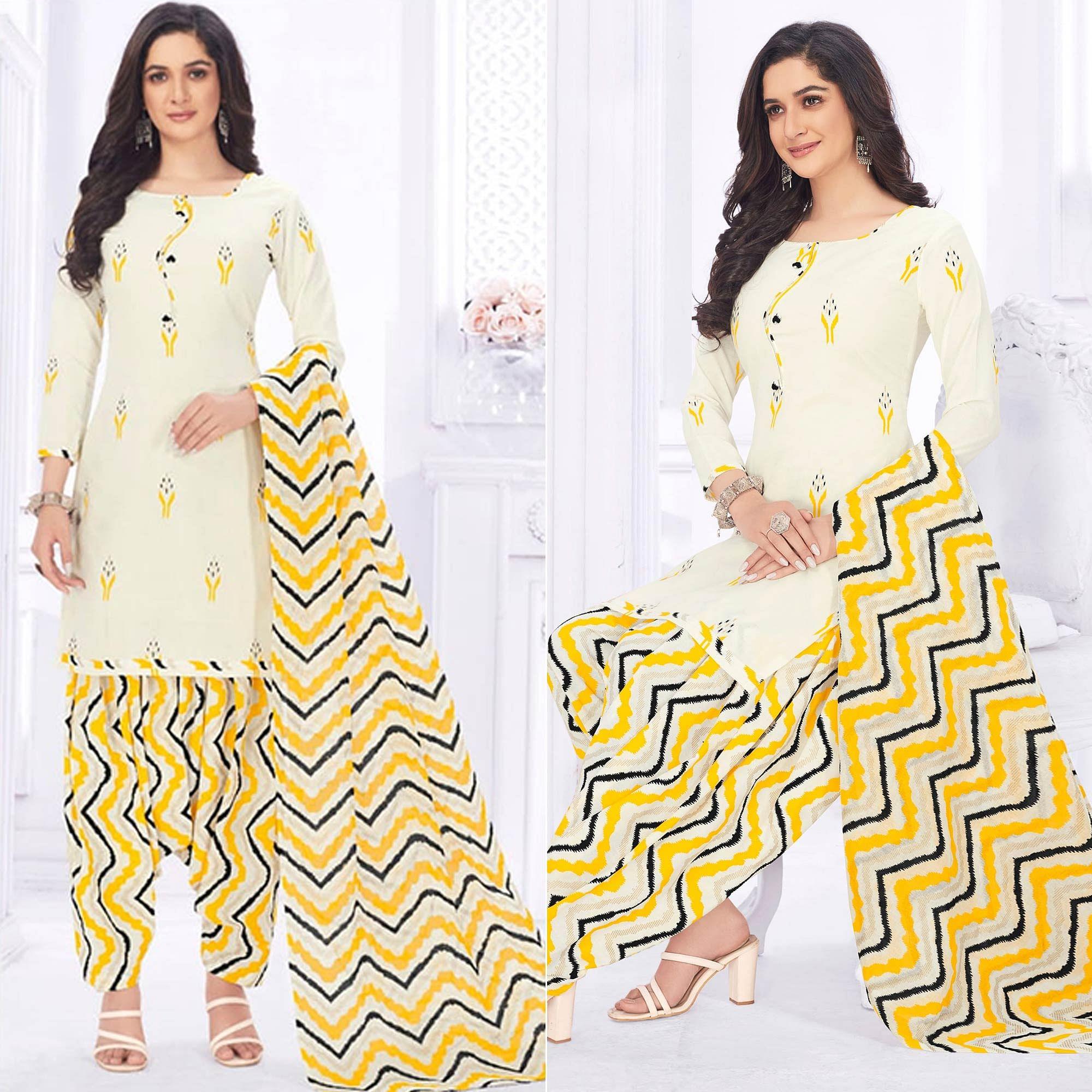 Cream Casual Wear Printed Cotton Dress Material - Peachmode