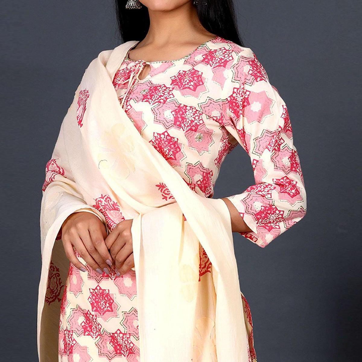 Cream Casual Wear Printed Cotton Kurti - Pant Set With Dupatta - Peachmode