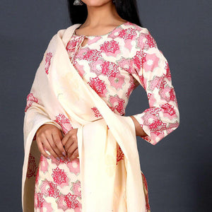 Cream Casual Wear Printed Cotton Kurti - Pant Set With Dupatta - Peachmode