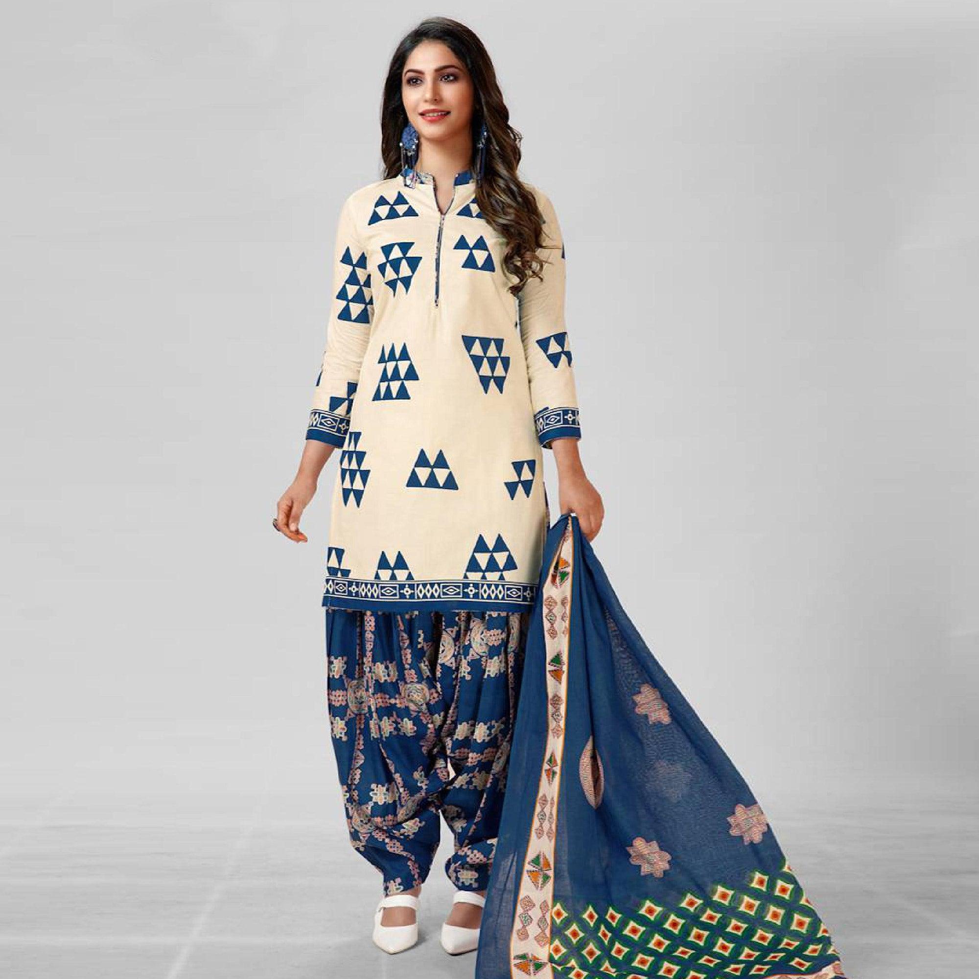 Cream Casual Wear Printed Cotton Patiala Dress Material - Peachmode