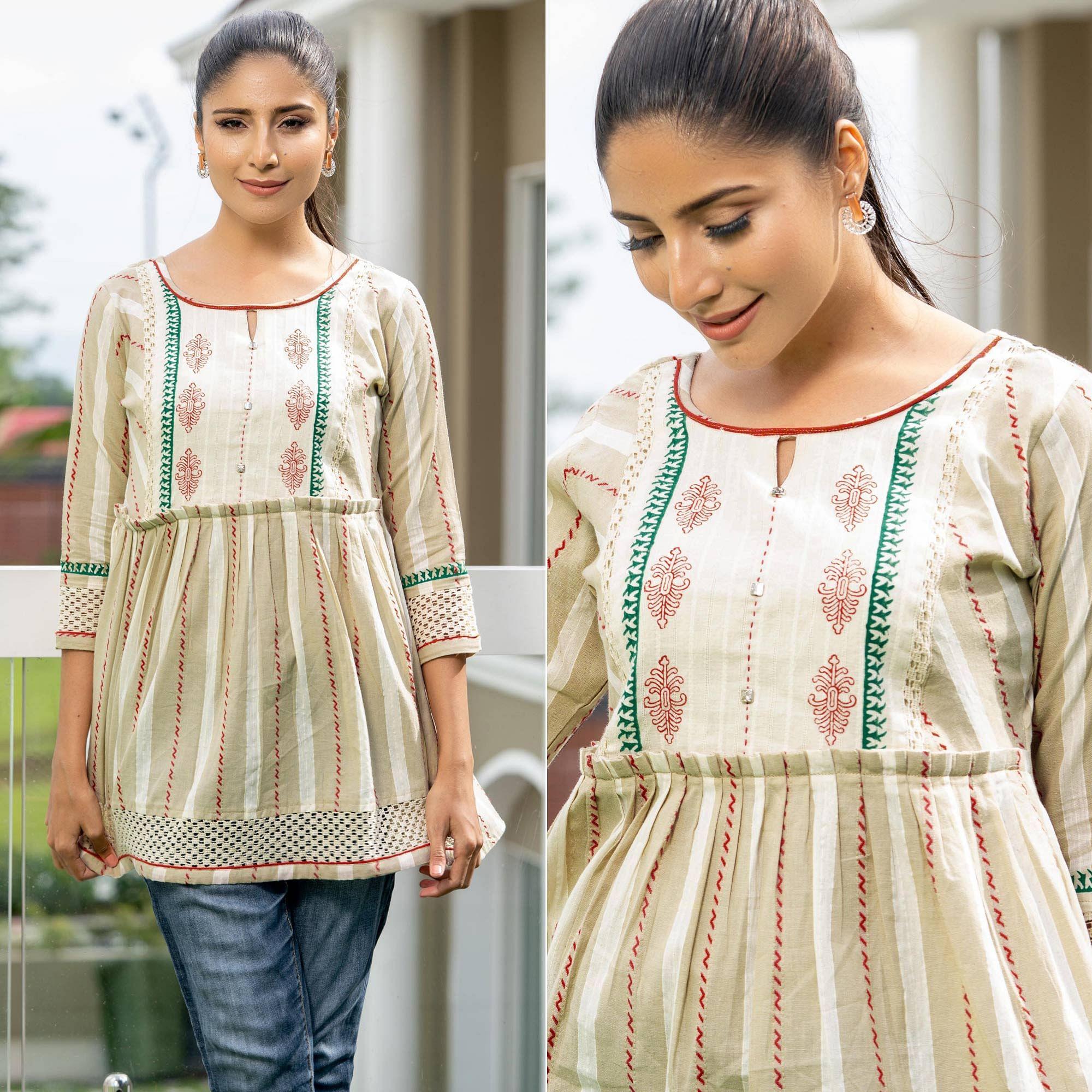 Cream Casual Wear Printed Cotton Top - Peachmode