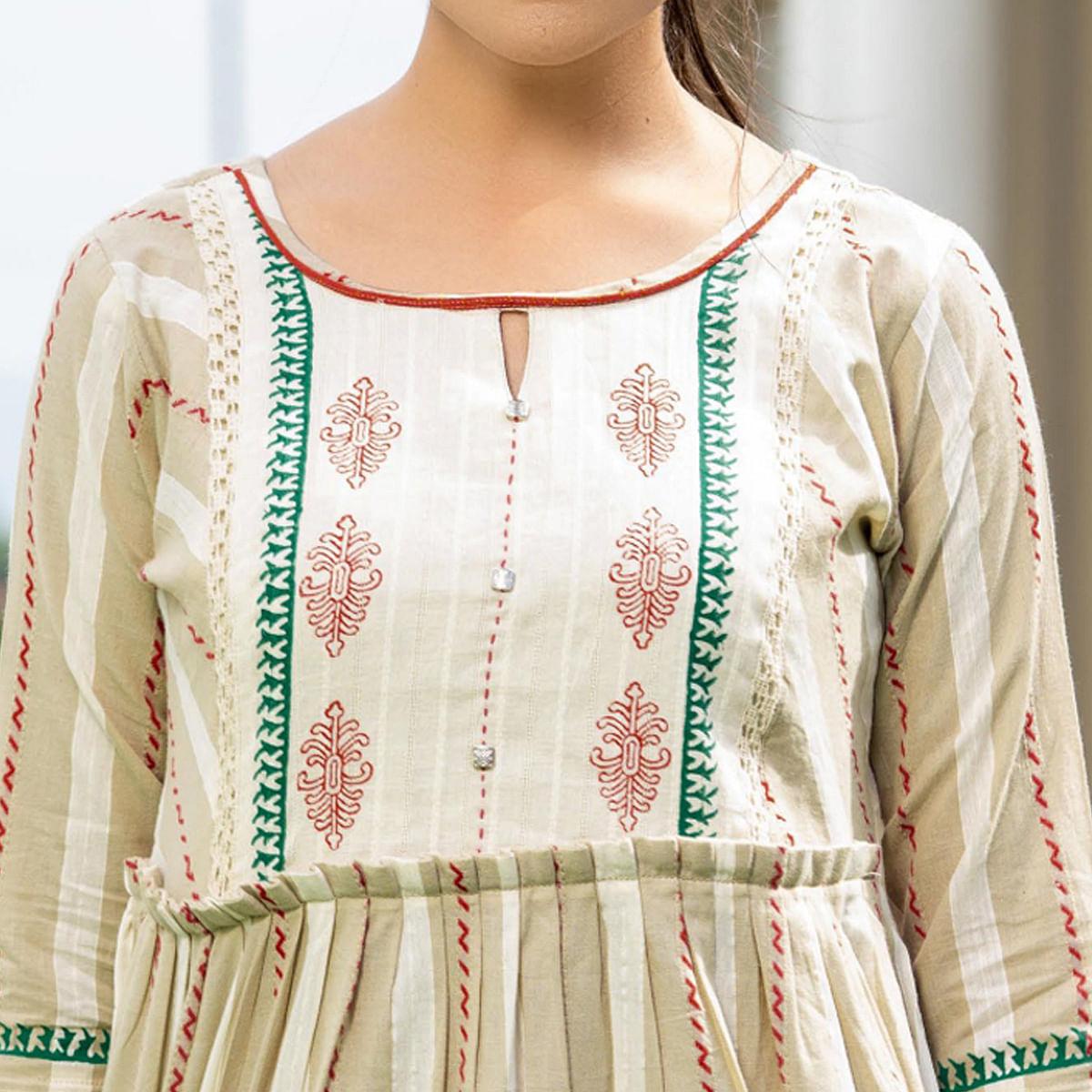 Cream Casual Wear Printed Cotton Top - Peachmode