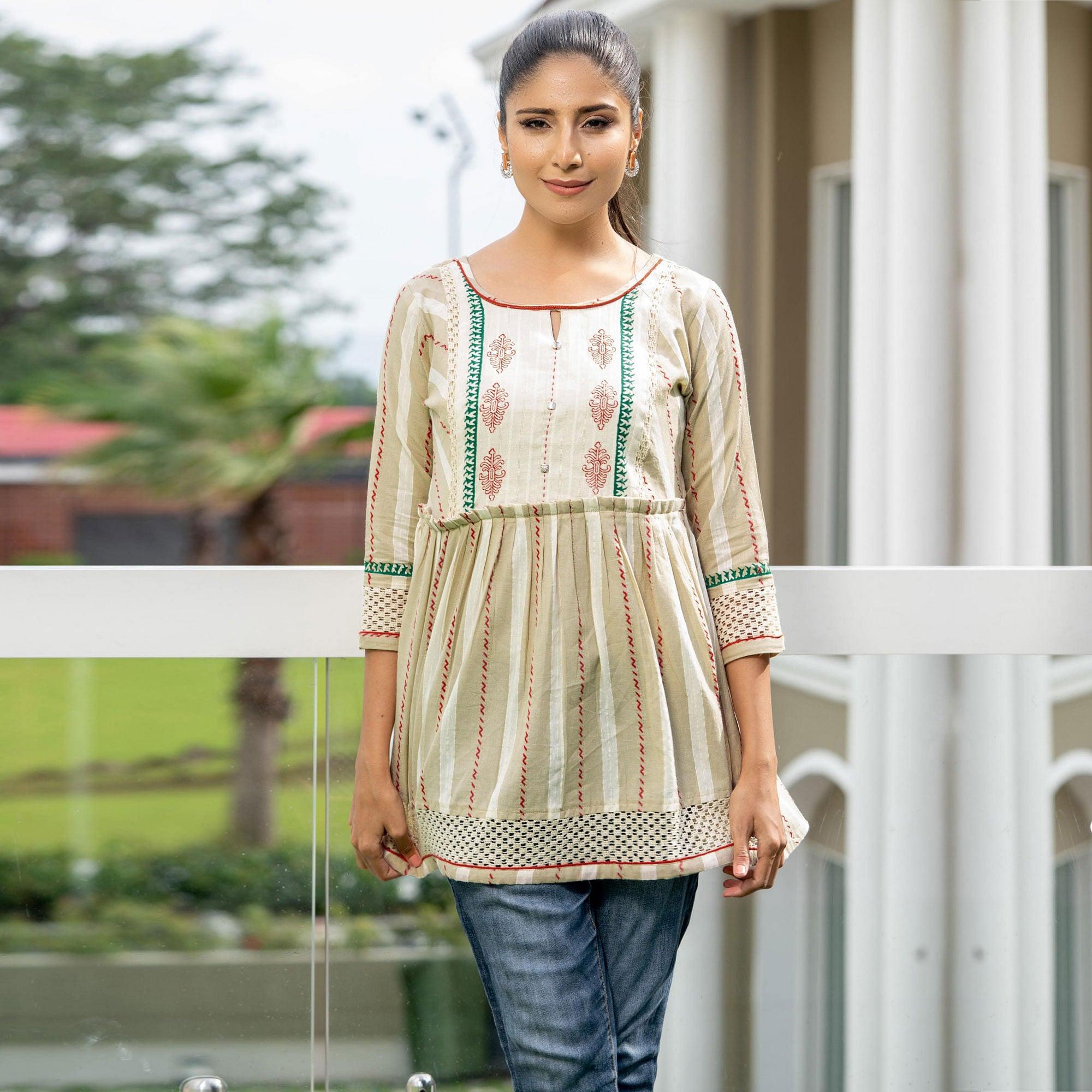 Cream Casual Wear Printed Cotton Top - Peachmode