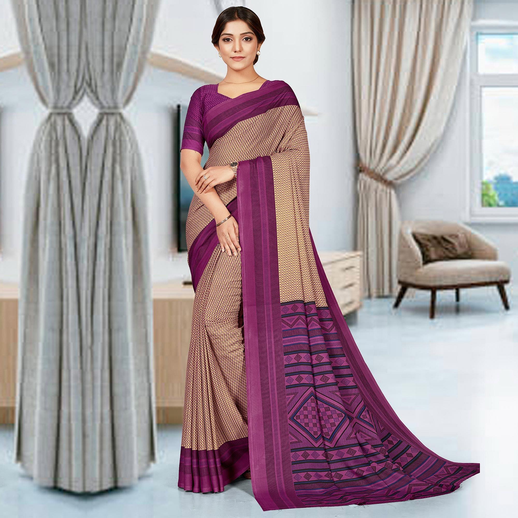 Cream Casual Wear Printed Crepe Saree - Peachmode