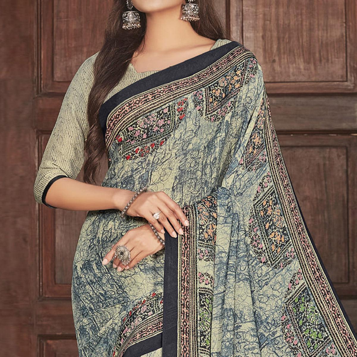 Cream Casual Wear Printed Crepe Saree - Peachmode